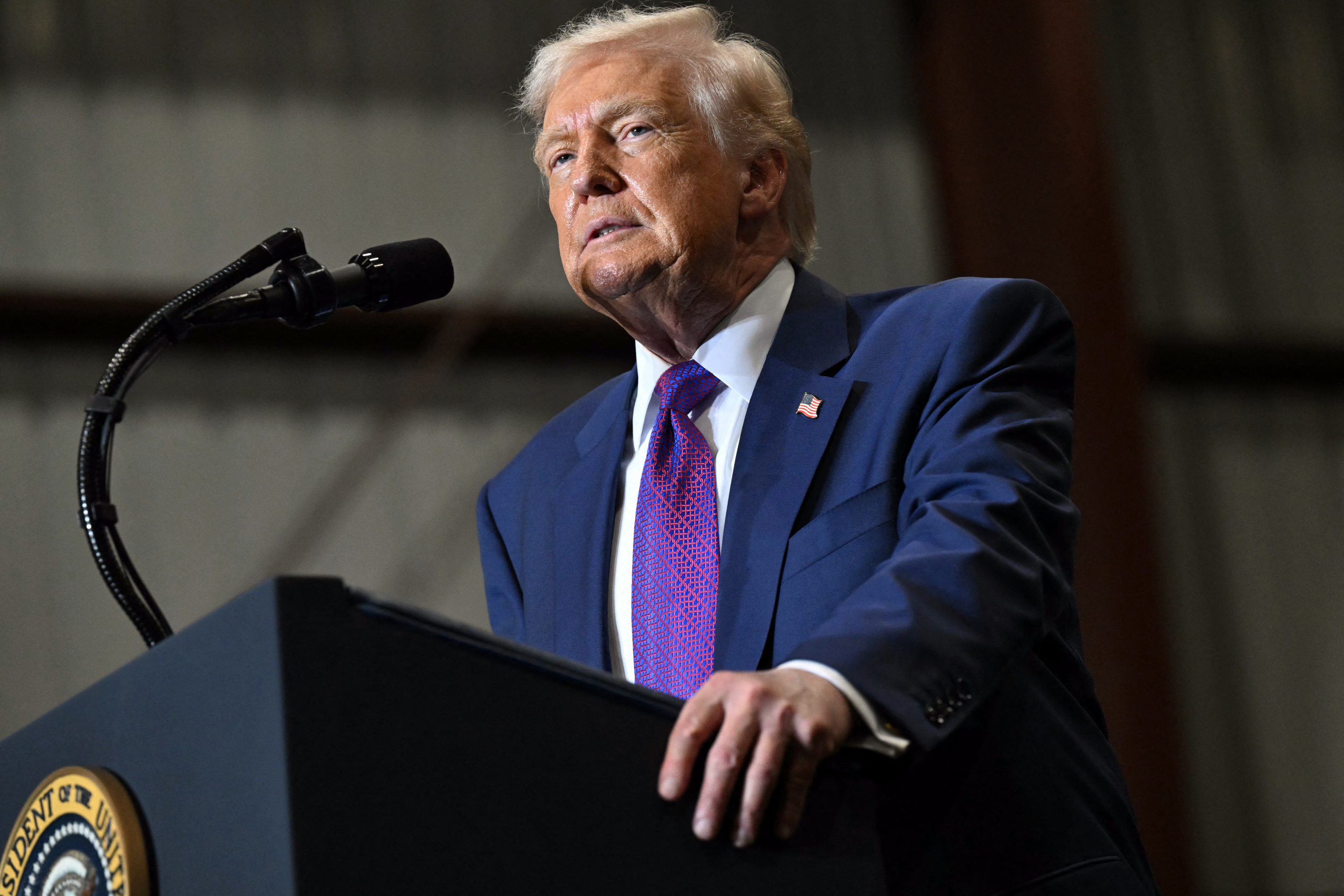 President Donald Trump gives a speech about the economy at the Coosa Steel Corporation factory in Rome, Georgia, on February 19, 2026.
