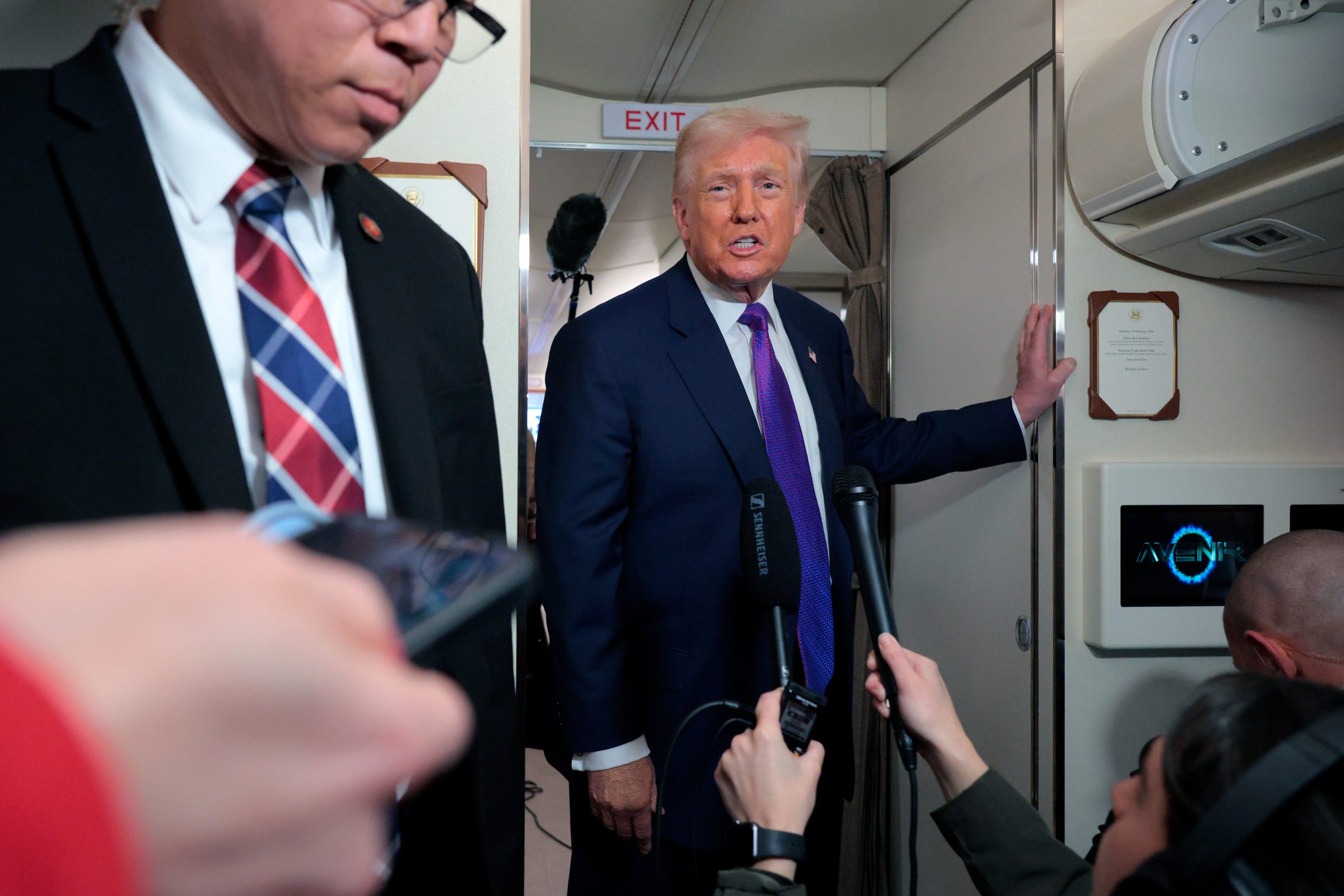 President Donald Trump speaks to the media on Air Force One, Feb. 19, 2026.