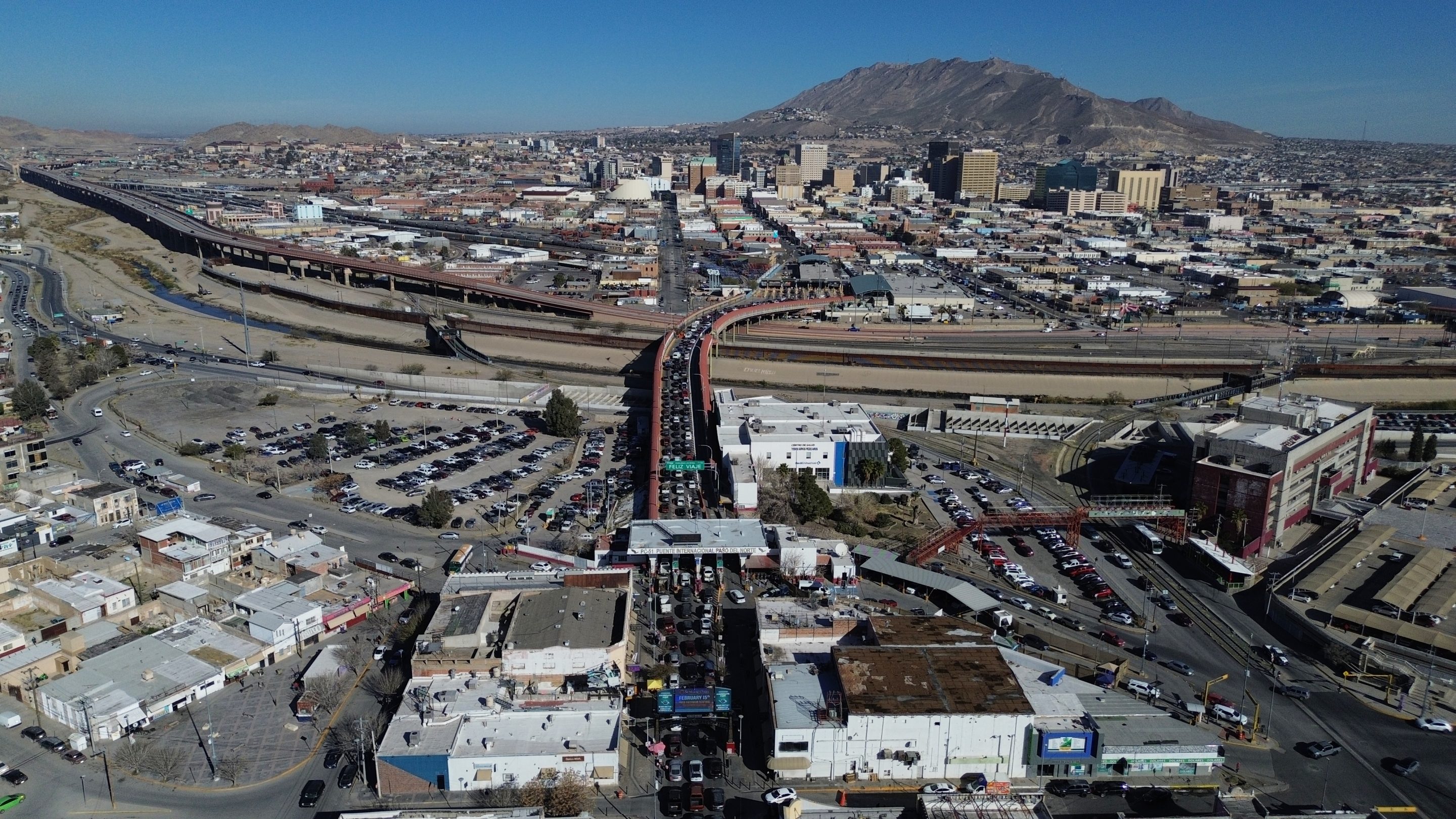 Cars cross the "Paso del Norte" International Bridge at the U.S.-Mexico border between Ciudad Juarez, Mexico, bottom, and El Paso, Texas, top, Wednesday Feb. 11, 2026. 
