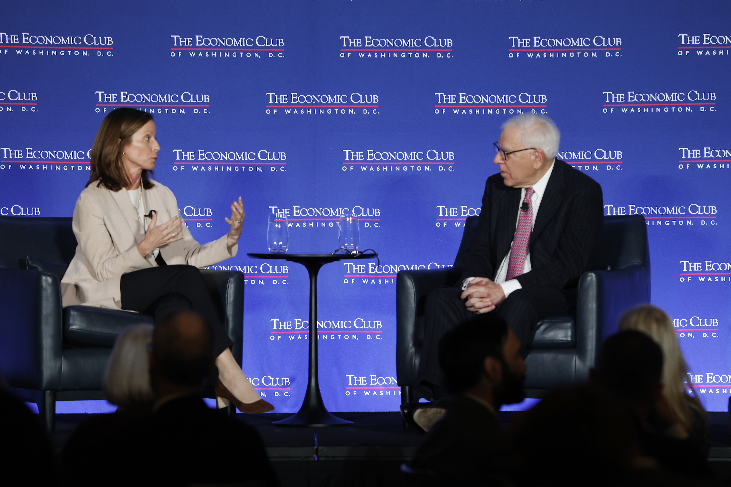 Nasdaq CEO Adena Friedman in conversation with David Rubenstein at an Economic Club of Washington, D.C., dinner on March 11, 2026.