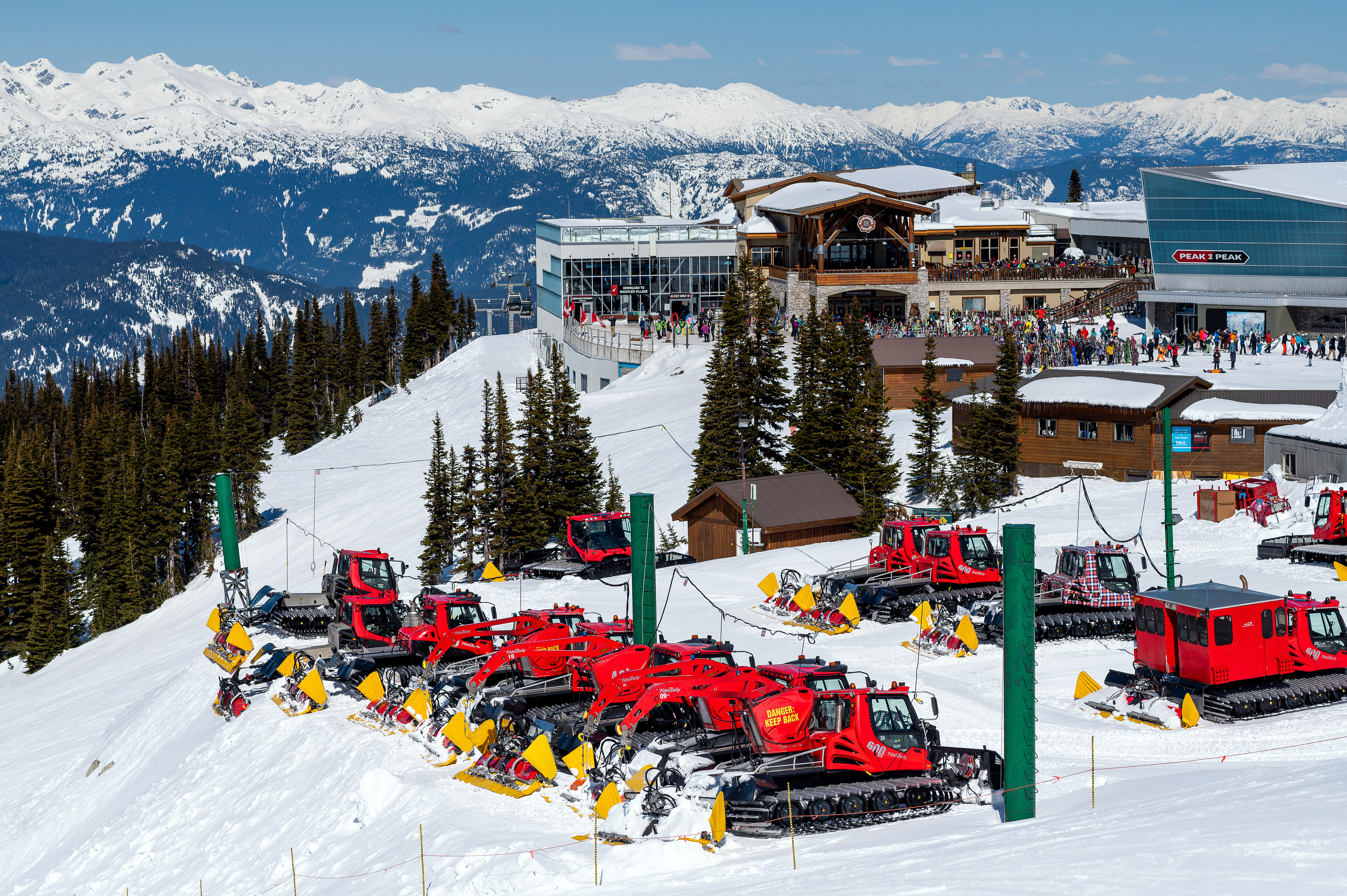 Snow groomers at the Whistler Blackcomb ski resort, British Columbia, March 28, 2023.