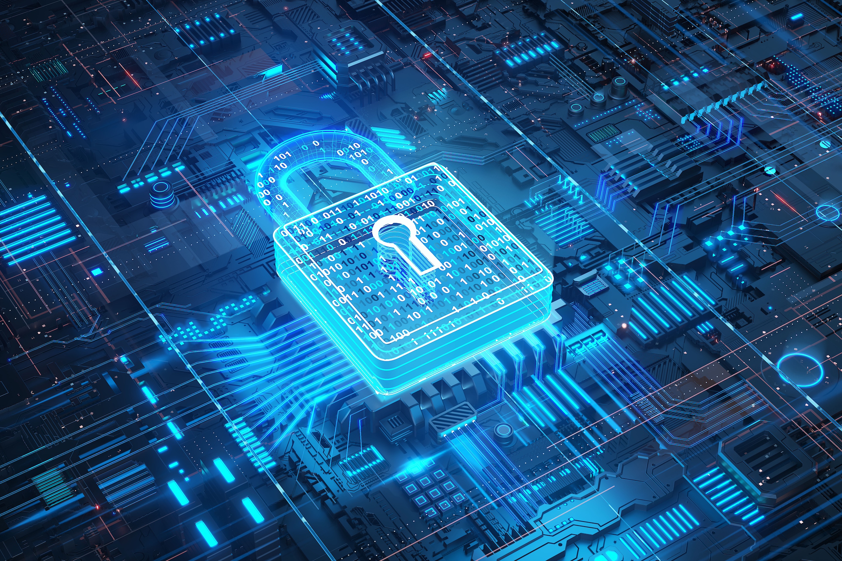 Digital security padlock with encrypted binary code on futuristic circuit board.