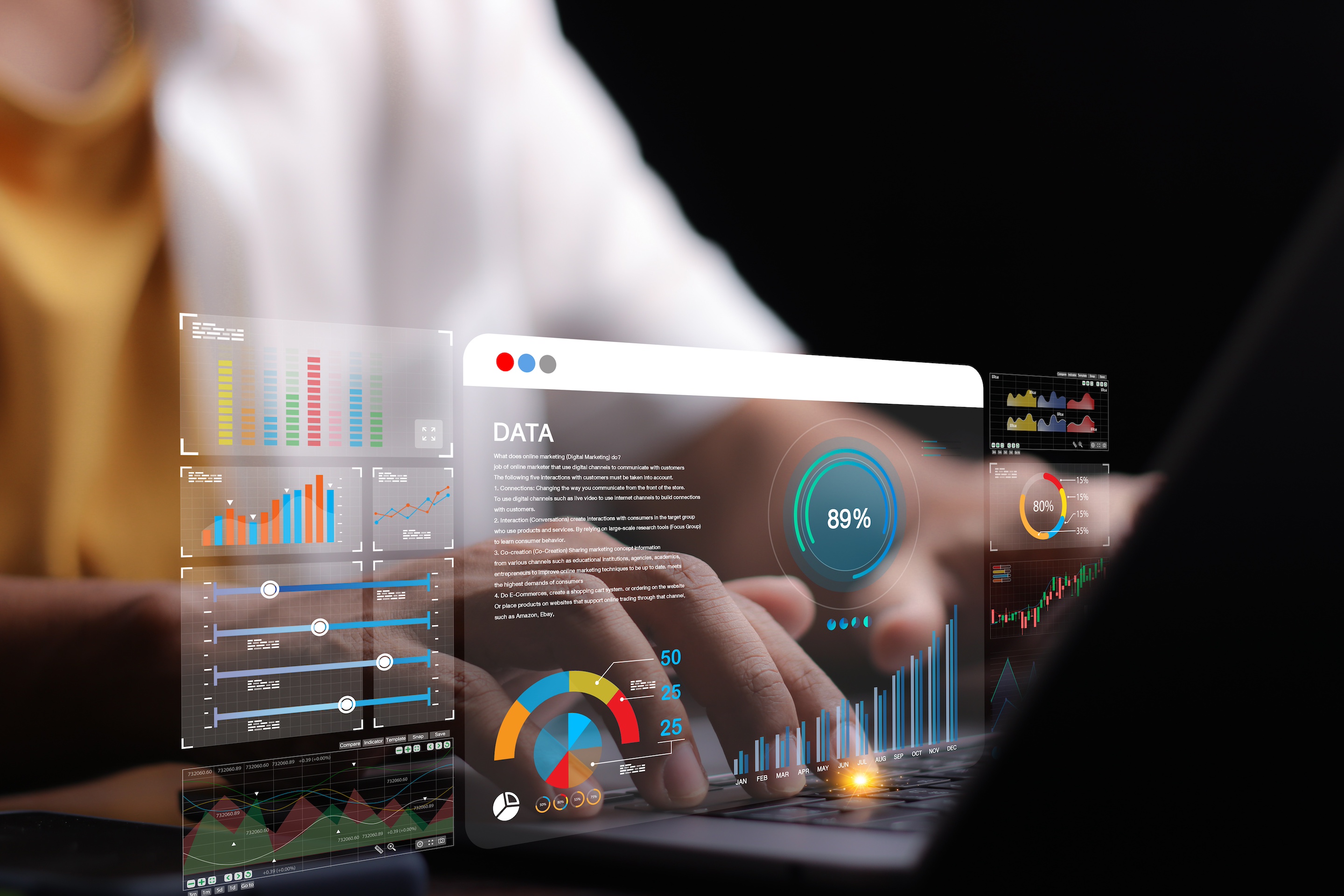 Data analyst working on business analytics dashboard with charts.