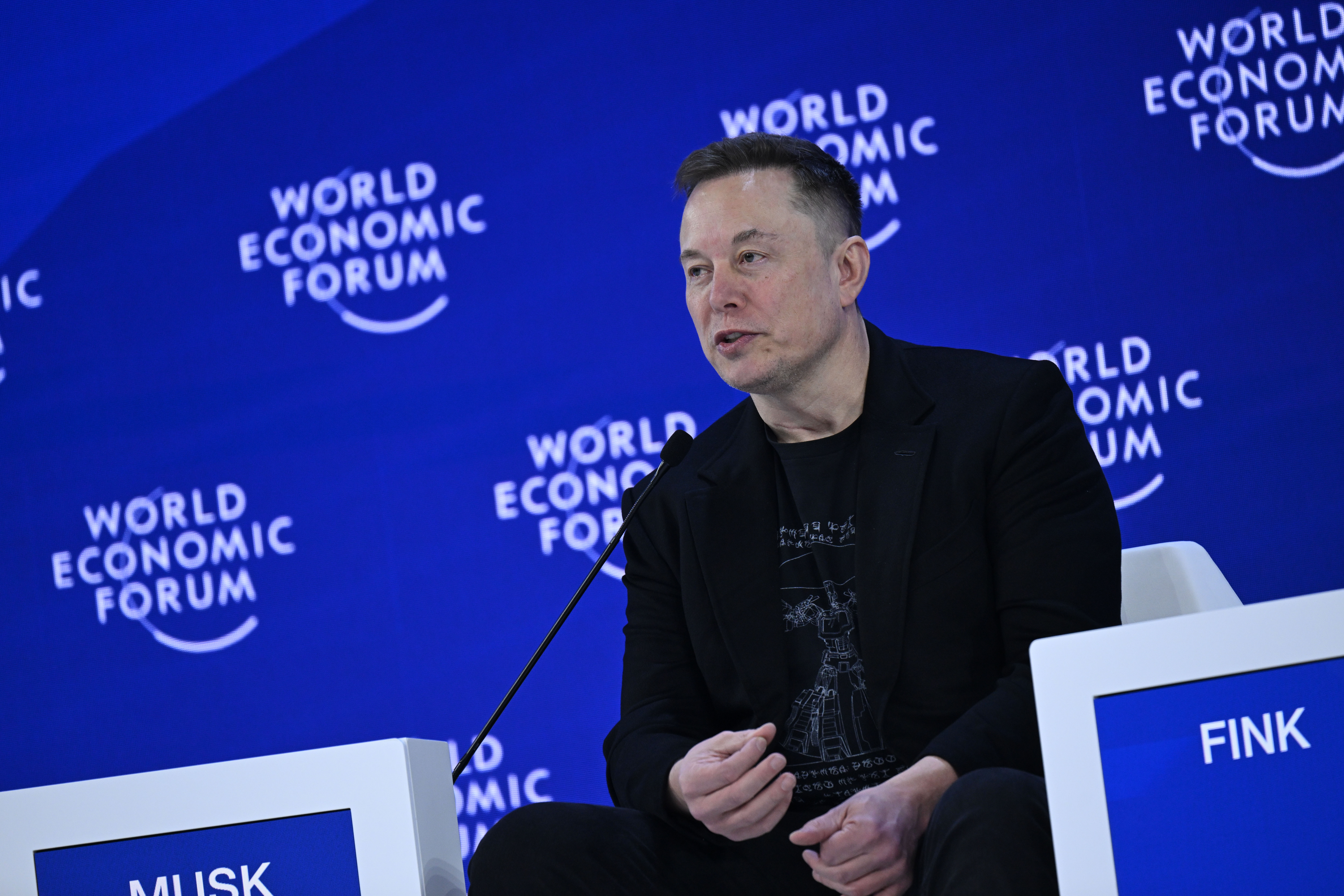 Elon Musk delivers a speech during the World Economic Forum Annual Meeting in Davos, Switzerland, on January 22, 2026.