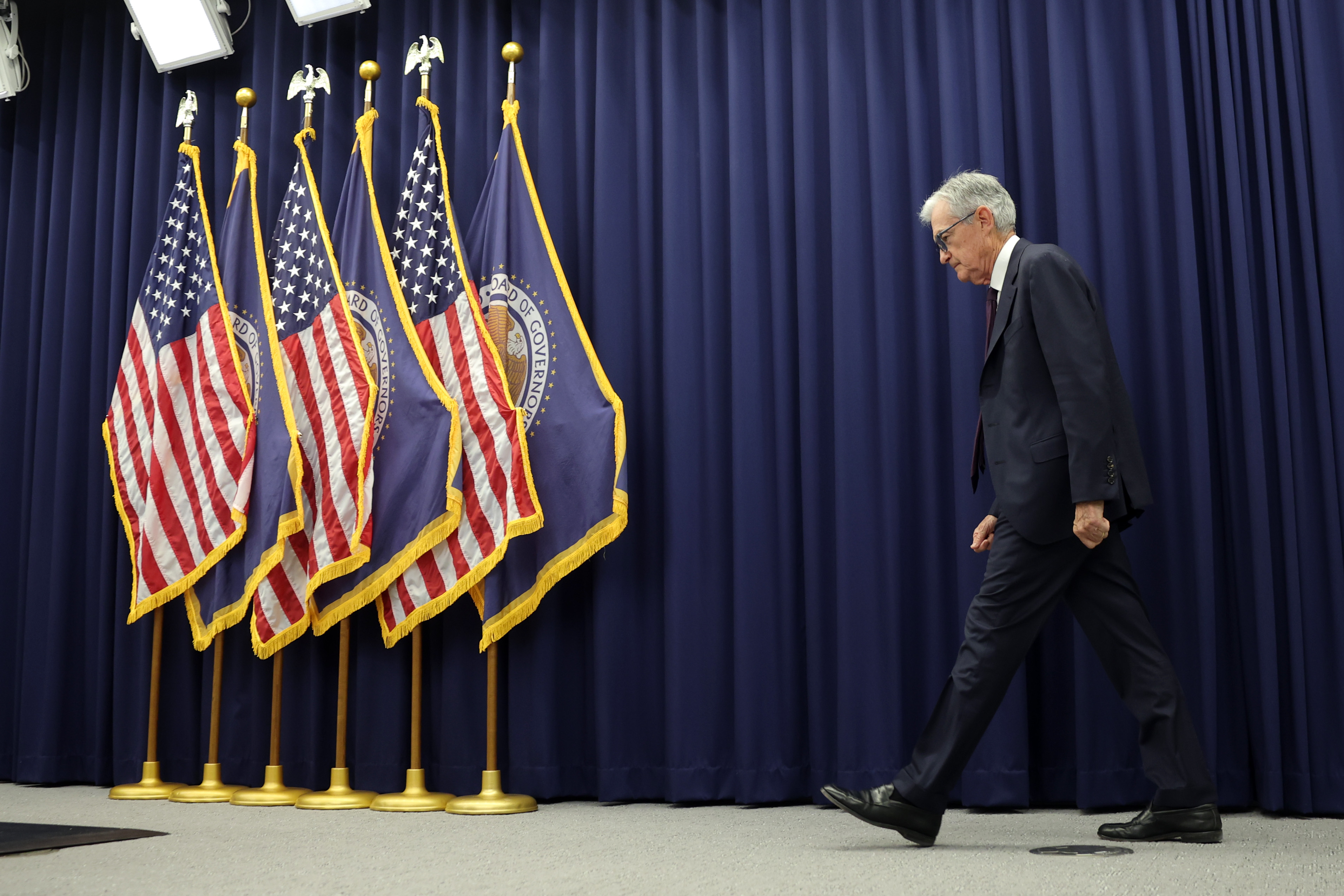 Reserve Chair Jerome Powell arrives to speak during a press conference following the Federal Open Markets Committee meeting at the Federal Reserve on January 28, 2026 in Washington, DC.