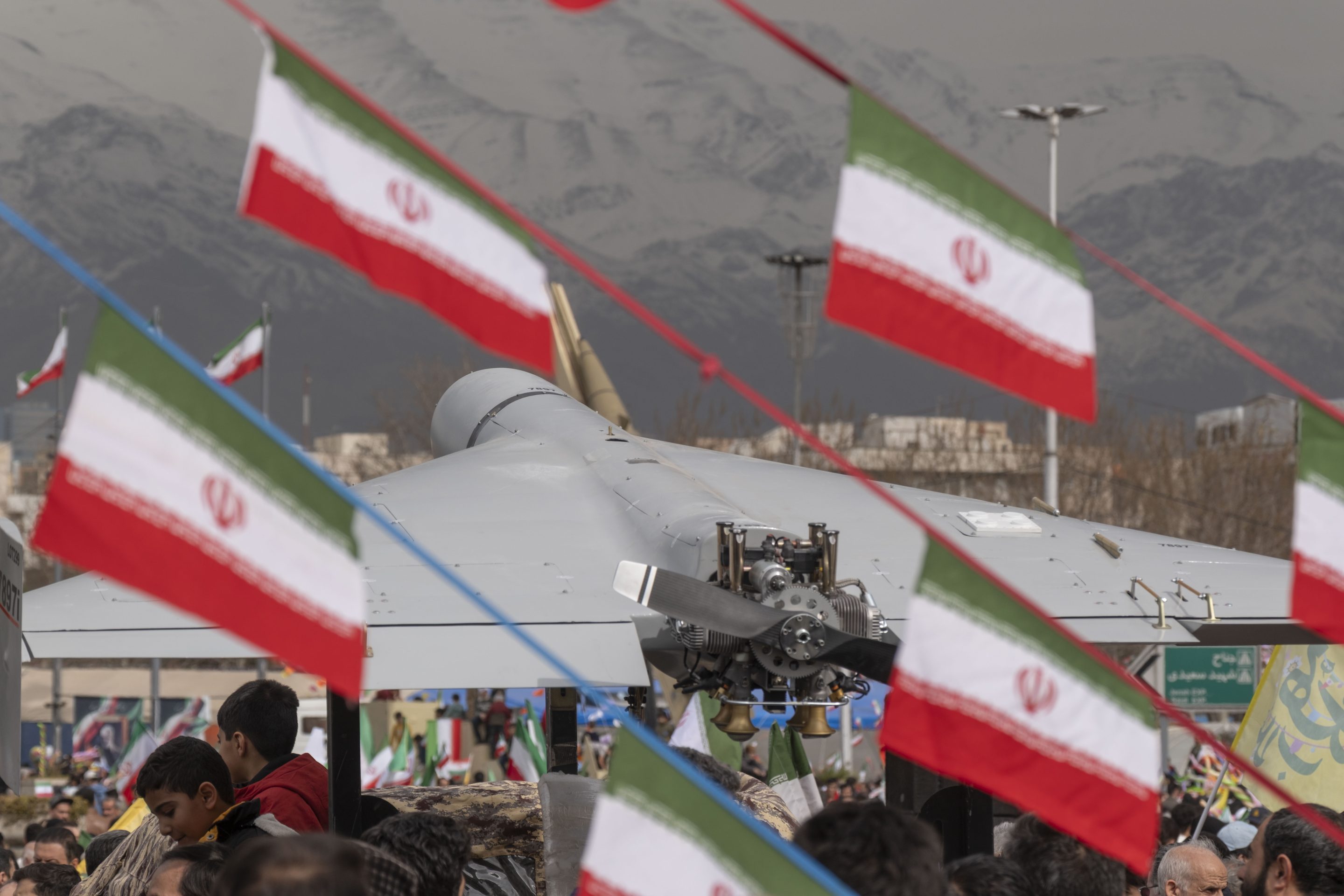 An Iran-made unmanned aerial vehicle (UAV), the Shahed-136, is displayed in a rally commemorating the 47th anniversary of the Islamic Revolution's victory in Azadi (Freedom) Square in western Tehran, Iran, on February 11, 2026. 