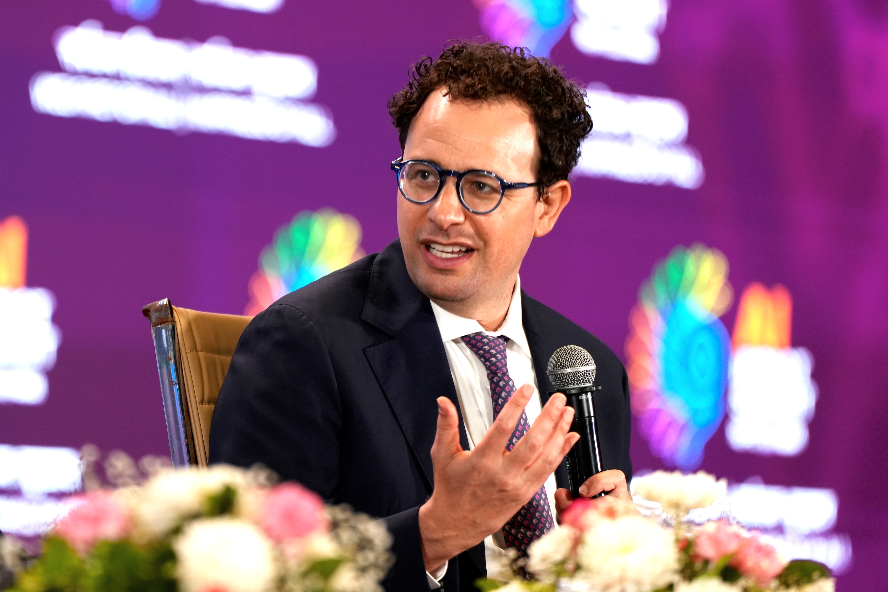 Dario Amodei, chief executive officer of Anthropic, at the AI Impact Summit in New Delhi, India, on Thursday, Feb. 19, 2026.
