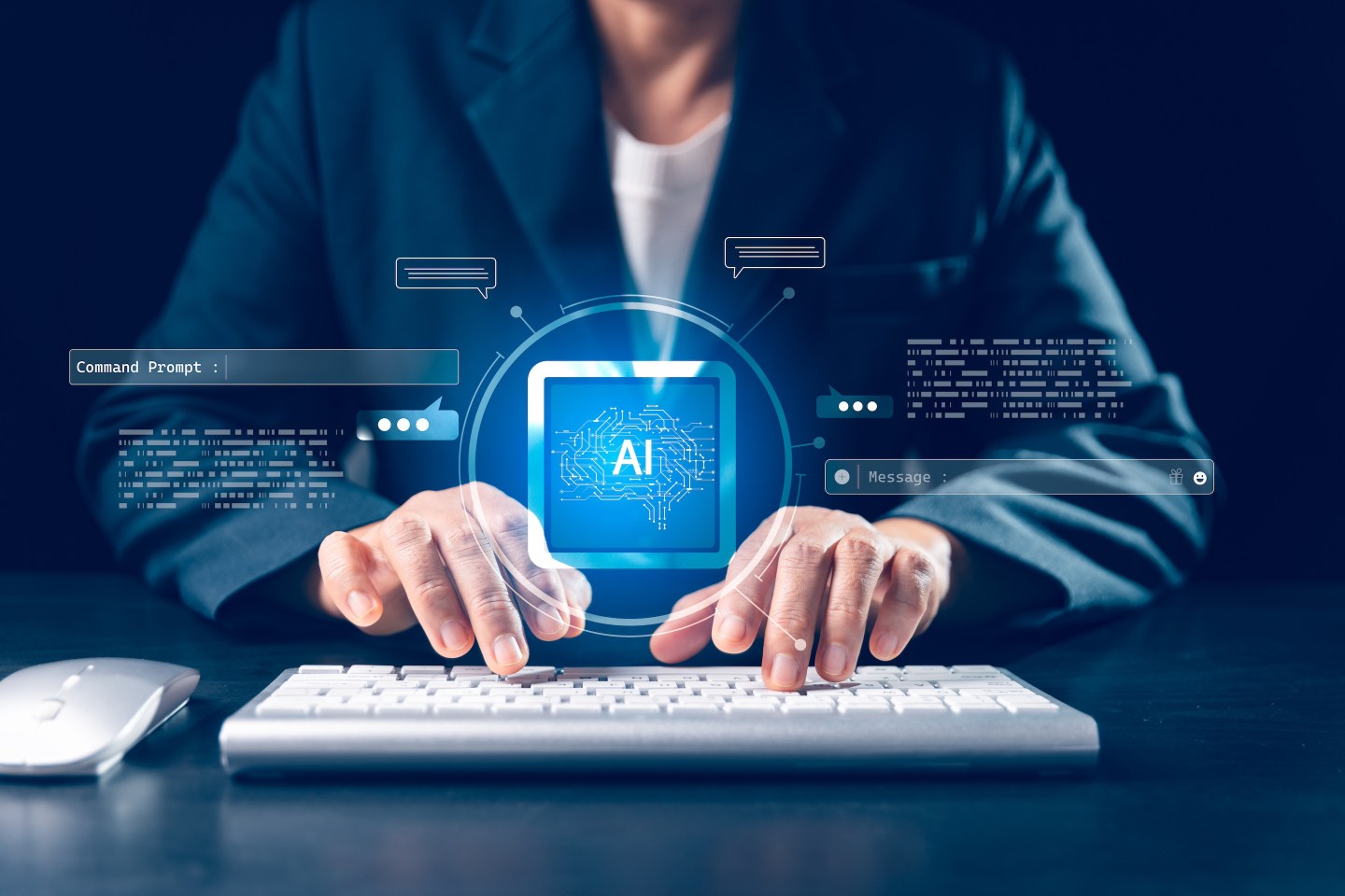 Business professional typing on keyboard with holographic AI interface, command prompt and chat widgets, showcasing generative assistant, automation, data processing and digital workflow. AI interface