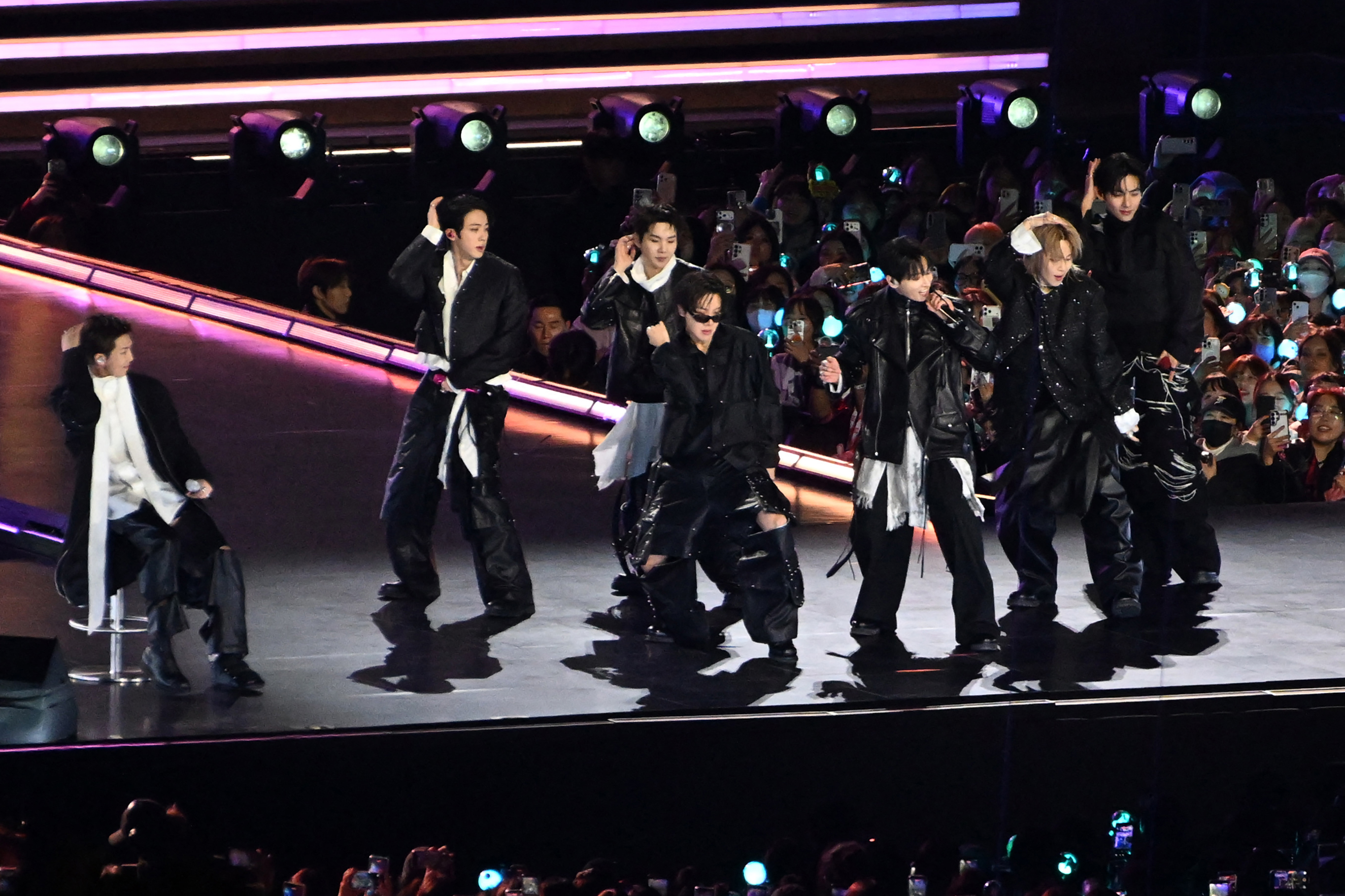BTS perform during their concert at Gwanghwamun Square in Seoul on March 21, 2026.