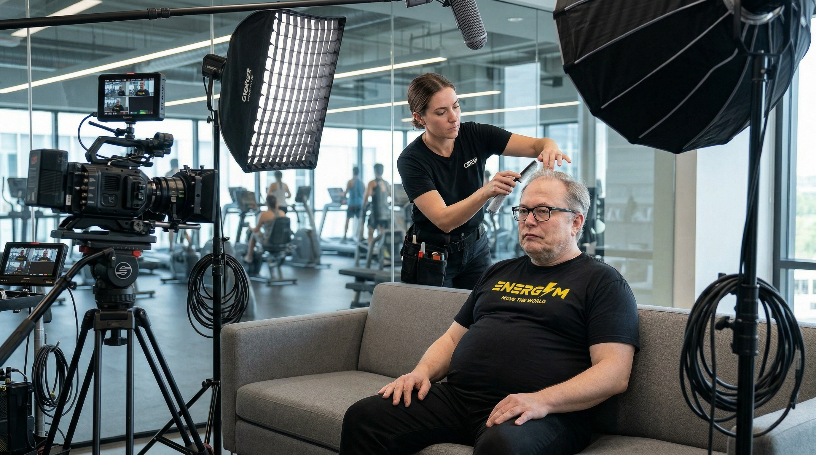 An AI double of Tesla CEO Elon Musk sits for a fake documentary-style interview in a spoof video created by Belgium-based creative video agency AiCandy.