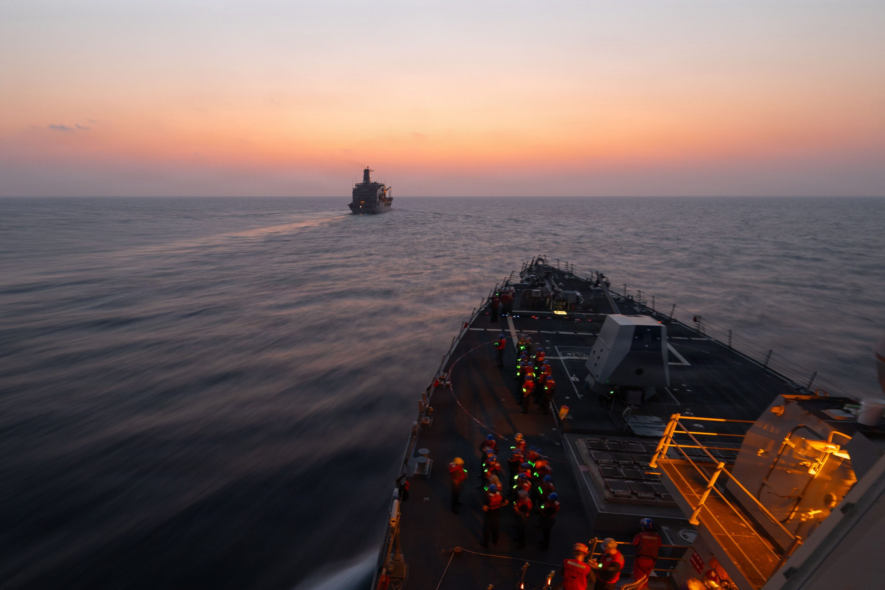 Arleigh Burke-class guided-missile destroyer USS Spruance (DDG 111) approaches fleet replenishment oiler USNS Henry J. Kaiser (T-AO-187) before a replenishment-at-sea during Operation Epic Fury, Mar. 10, 2026.