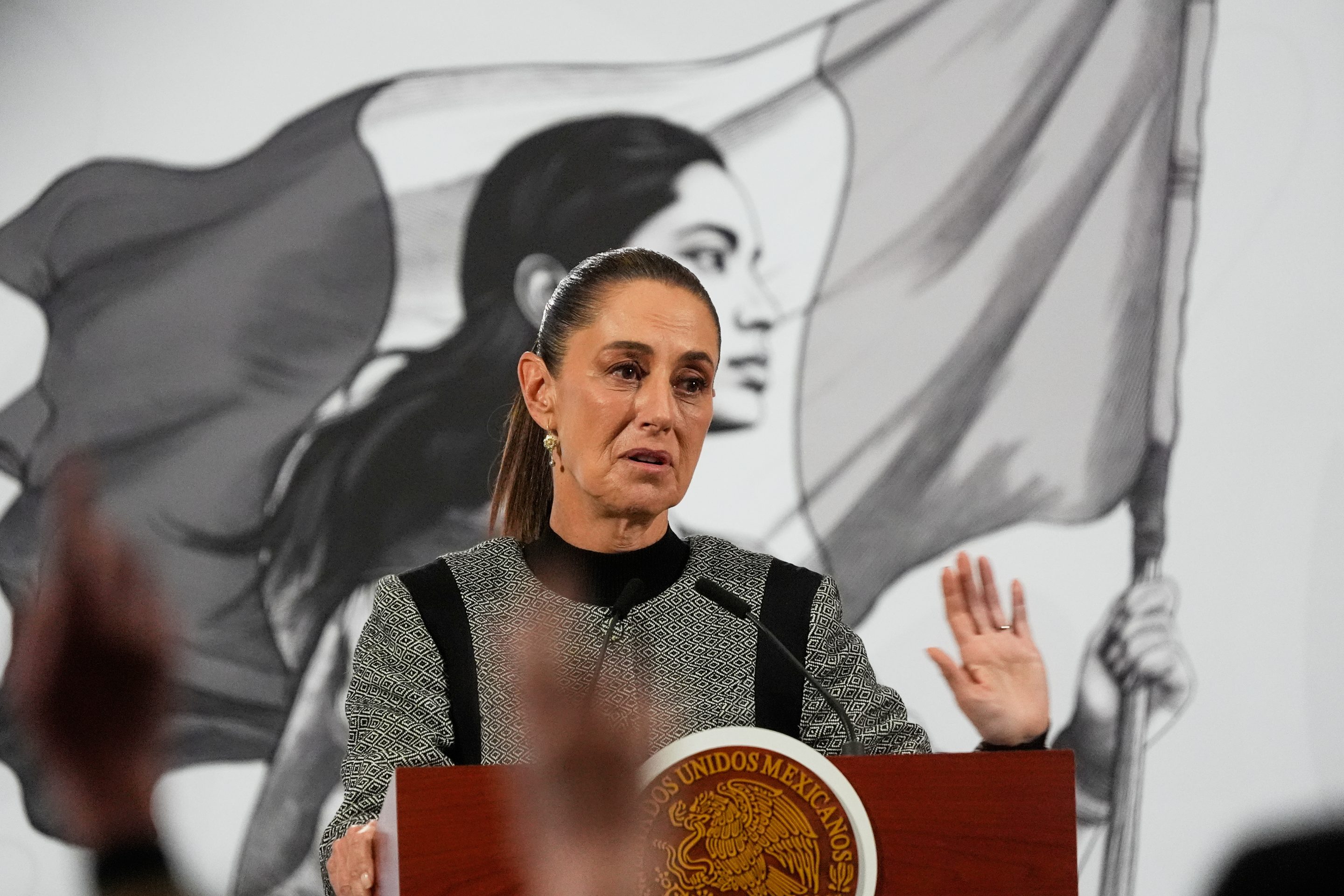 Mexican President Claudia Sheinbaum speaks during her daily morning press conference at the National Palace in Mexico City, Nov. 28, 2025.