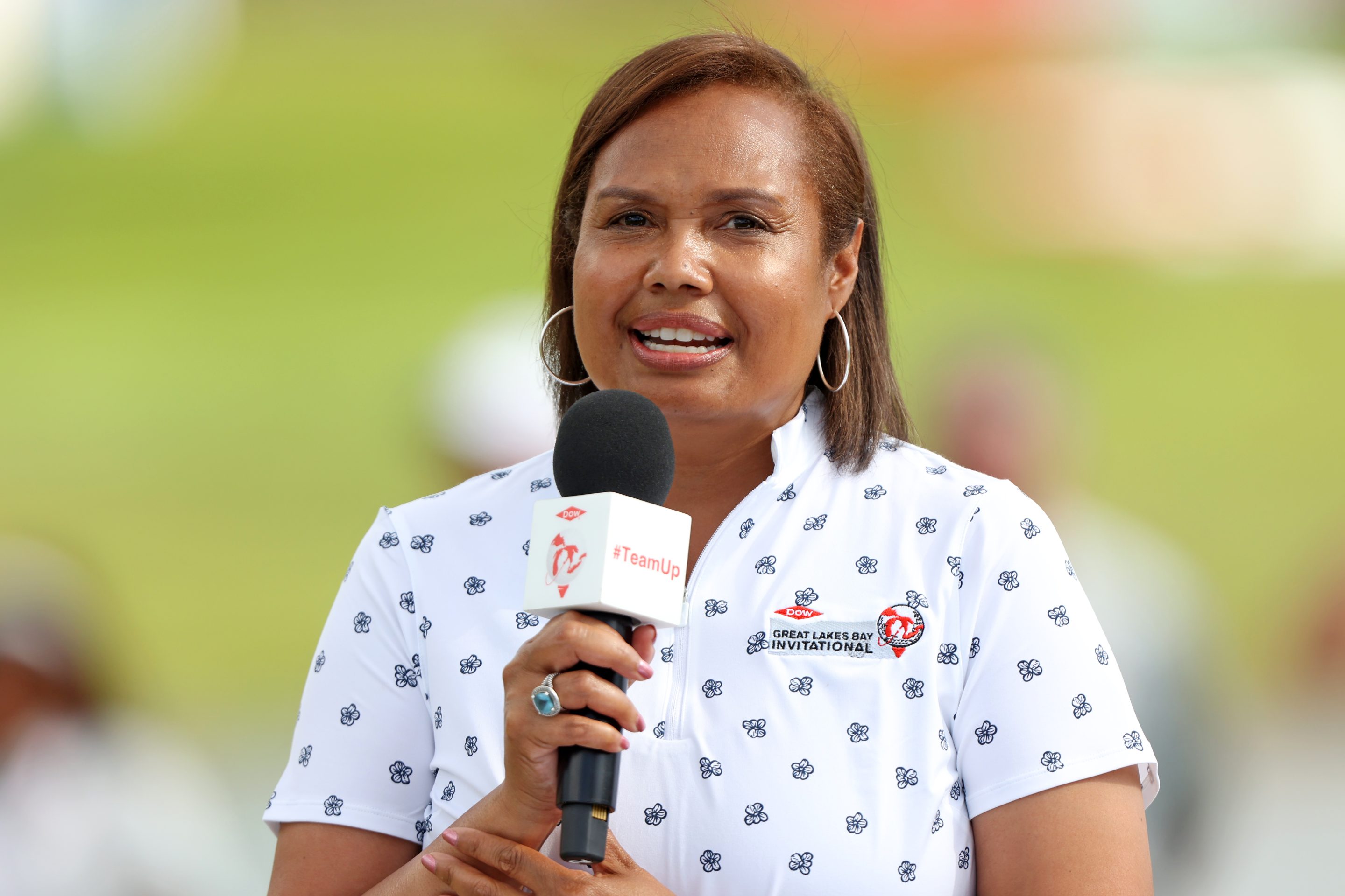 Karen S. Carter speaks during the award ceremony of the Dow Great Lakes Bay Invitational at Midland Country Club in Midland, Michigan, on Saturday, July 16, 2022. 