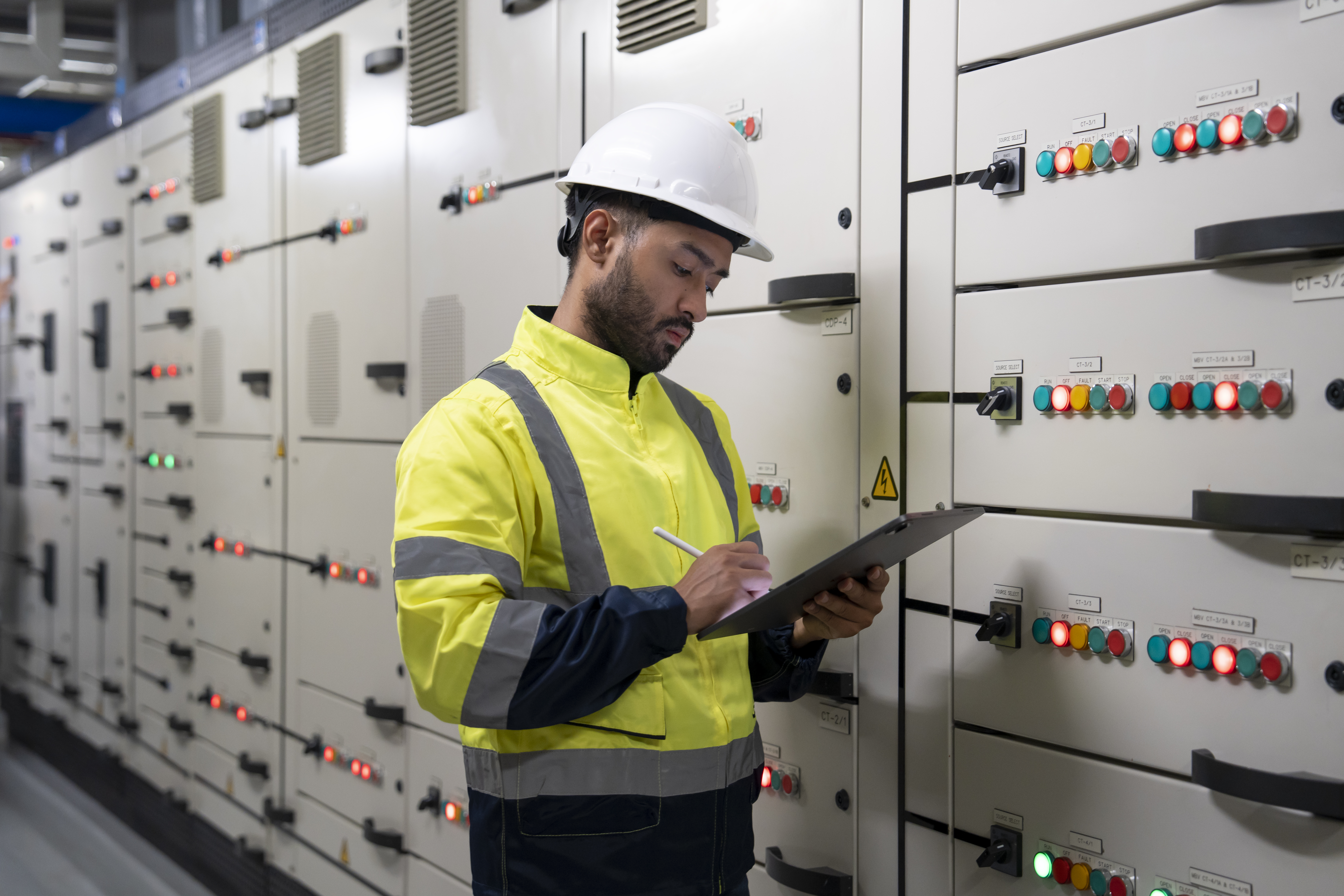 An engineer takes a reading in a control room