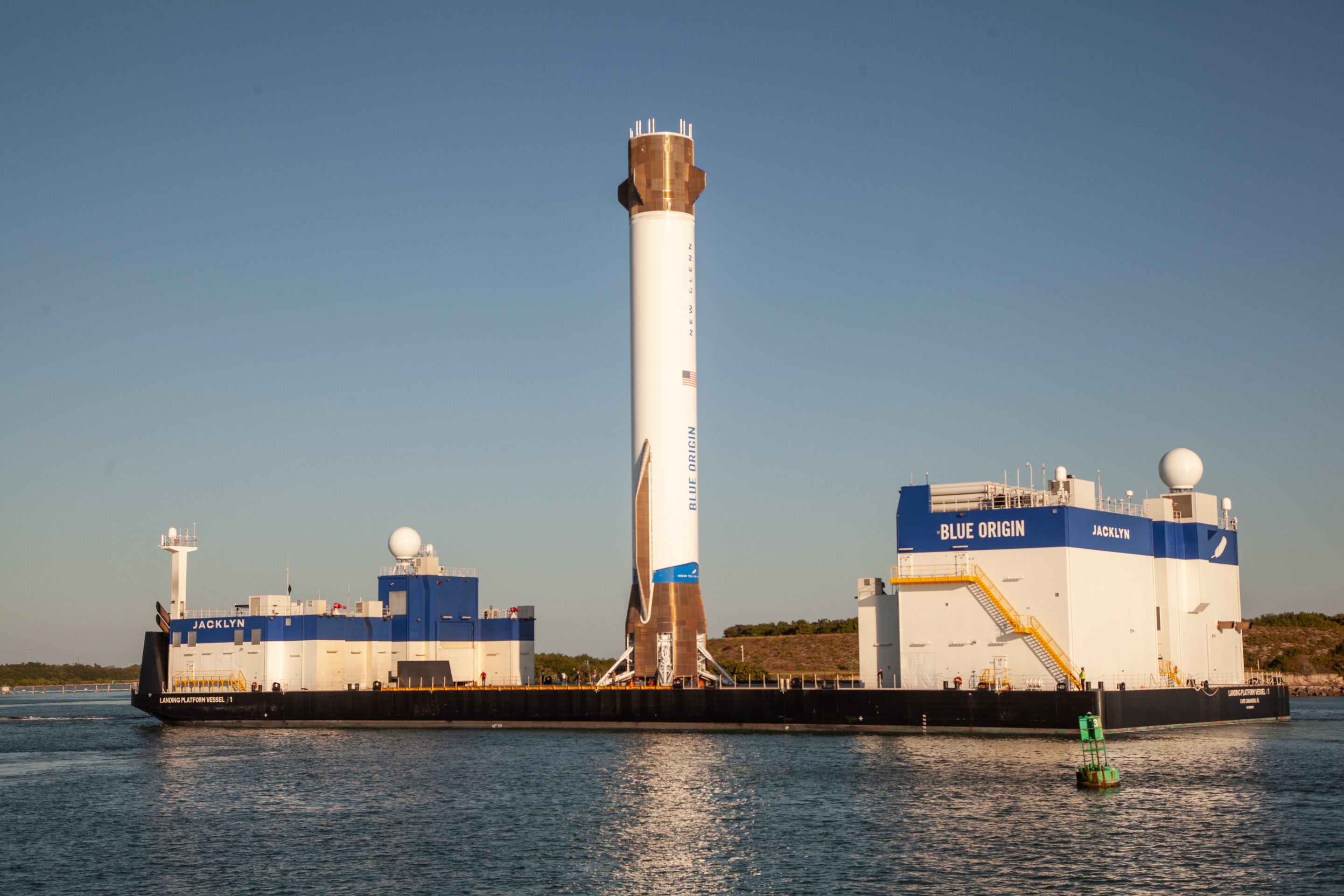 Blue Origin's New Glenn rocket arrives at Port Canaveral for the first time on board the ''Jacklyn'' Landing Vessel on November 18, 2025.