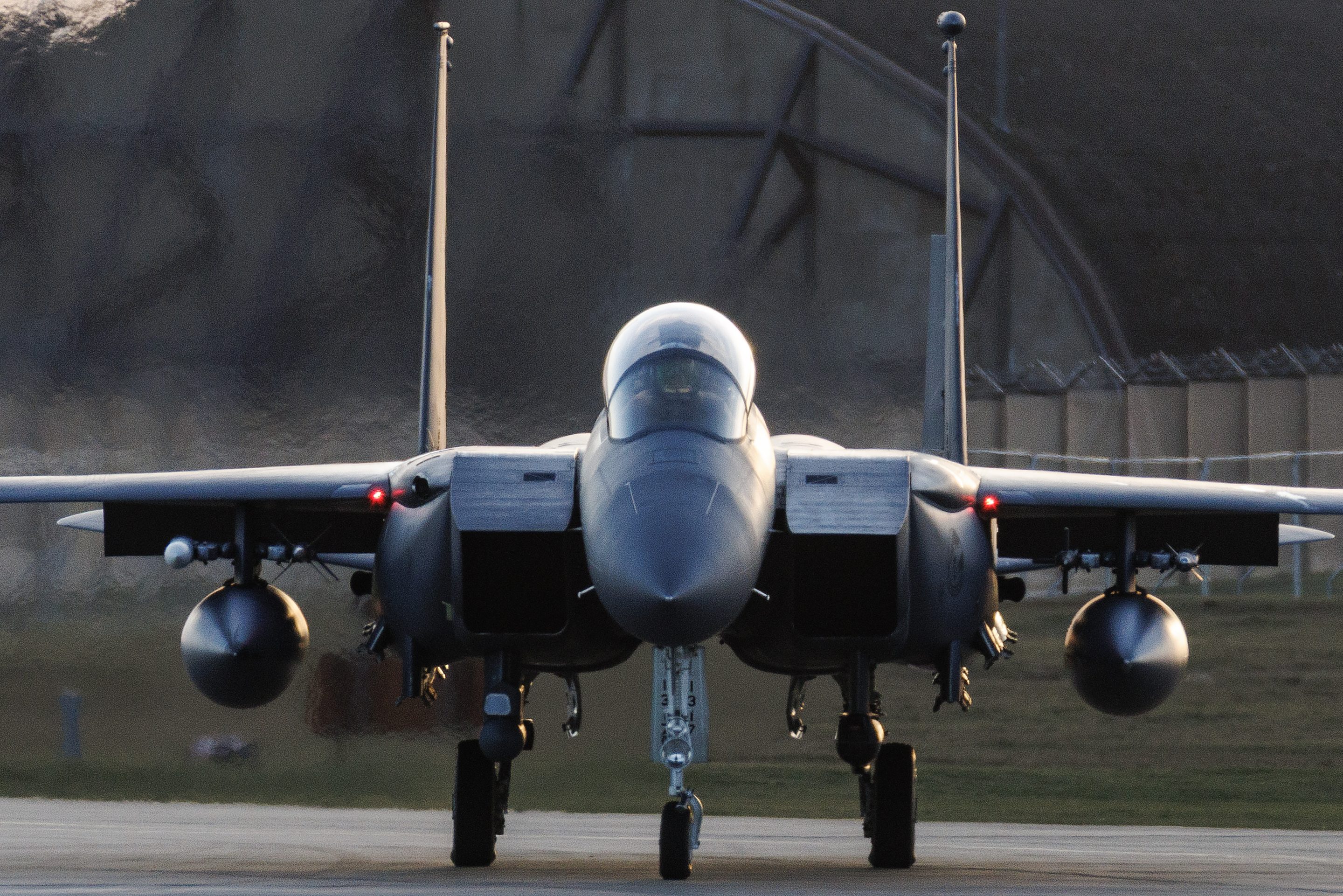 An F-15 fighter plane taxis at RAF Lakenheath on January 07, 2026 in Mildenhall, England.