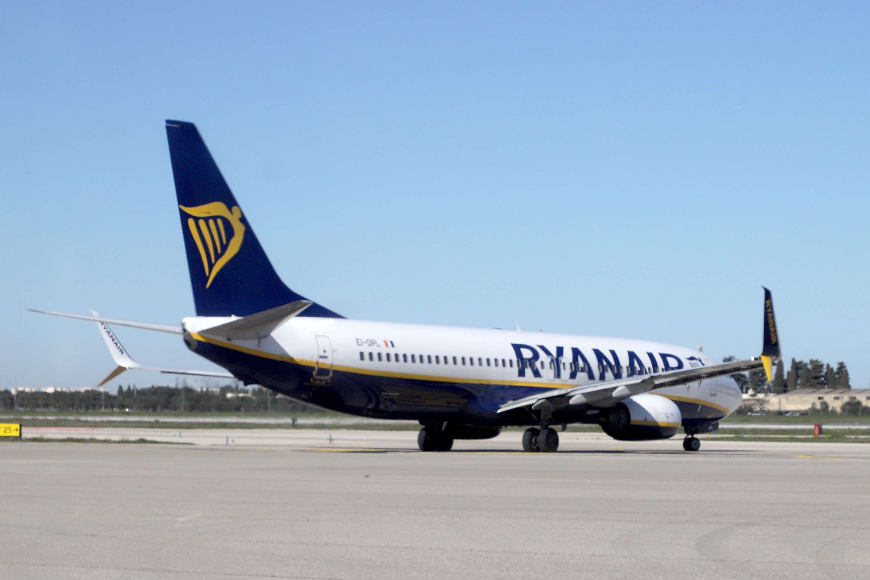 A Ryanair plane on the airport runway on February 26, 2026 in Bari, Italy.