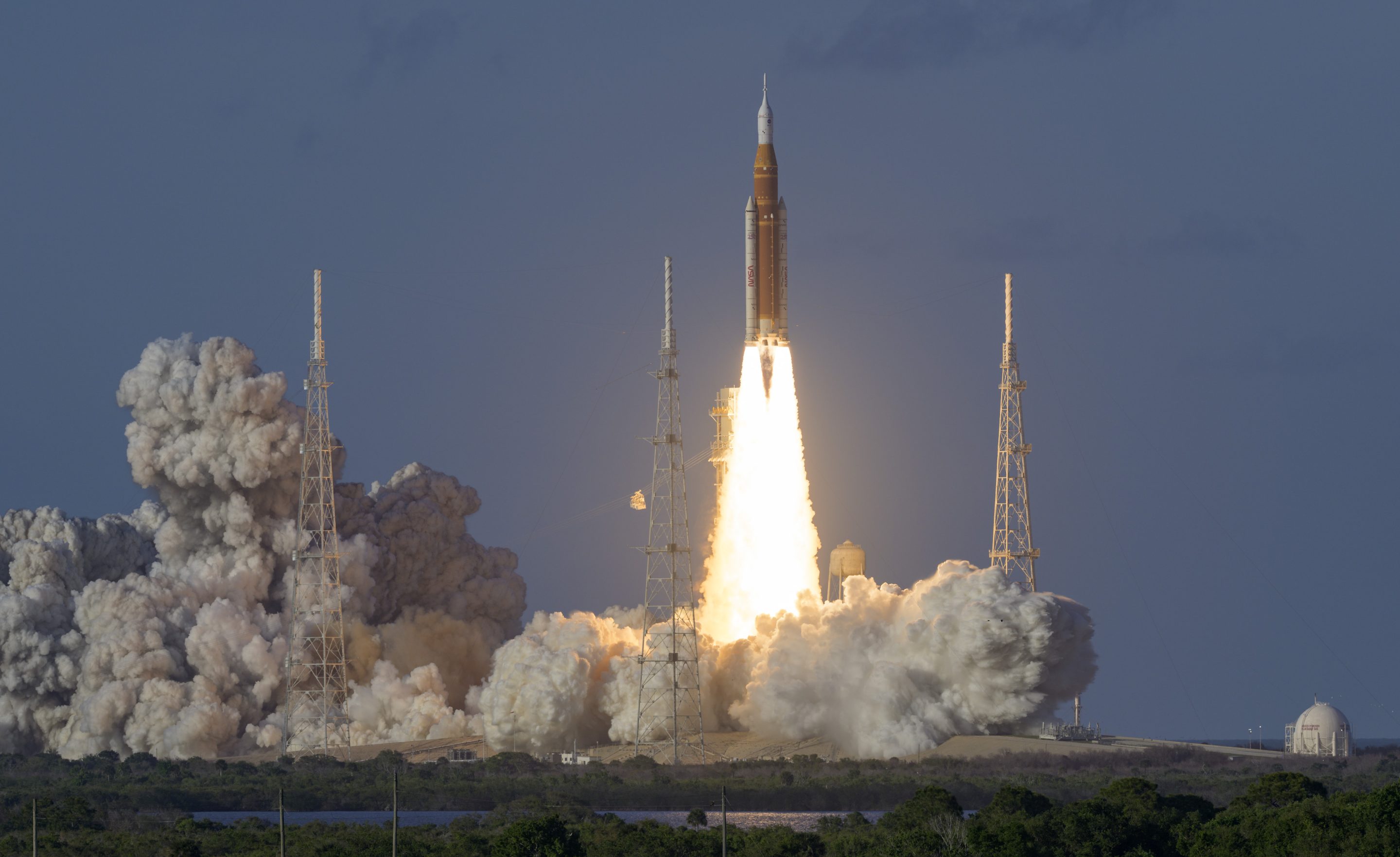 NASA's Space Launch System rocket launches carrying the Orion spacecraft with NASA astronauts Reid Wiseman, commander; Victor Glover, pilot; Christina Koch, mission specialist; and CSA (Canadian Space Agency) astronaut Jeremy Hansen, mission specialist on NASA's Artemis II mission, Wednesday, April 1, 2026, from Operations and Support Building II at NASA's Kennedy Space Center in Cape Canaveral, Florida.