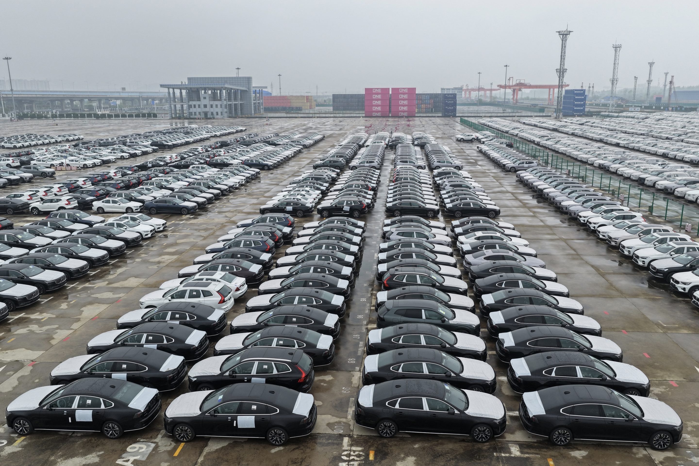 Volvo vehicles awaiting export at the port in Nanjing, in China's eastern Jiangsu province on April 14, 2026.