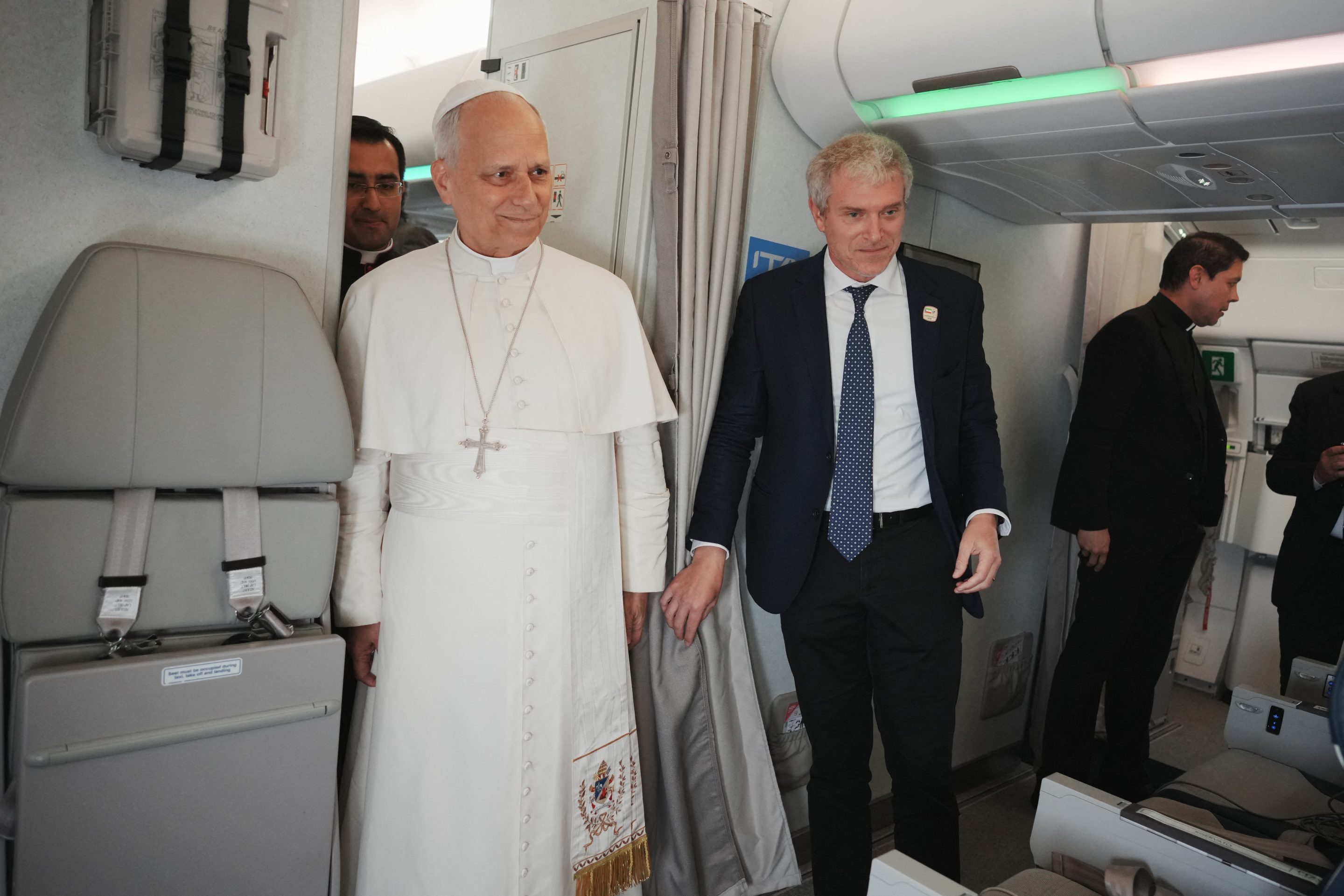 Pope Leo XIV speaks to journalists aboard the papal flight from Malabo to Rome, on April 23, 2026.