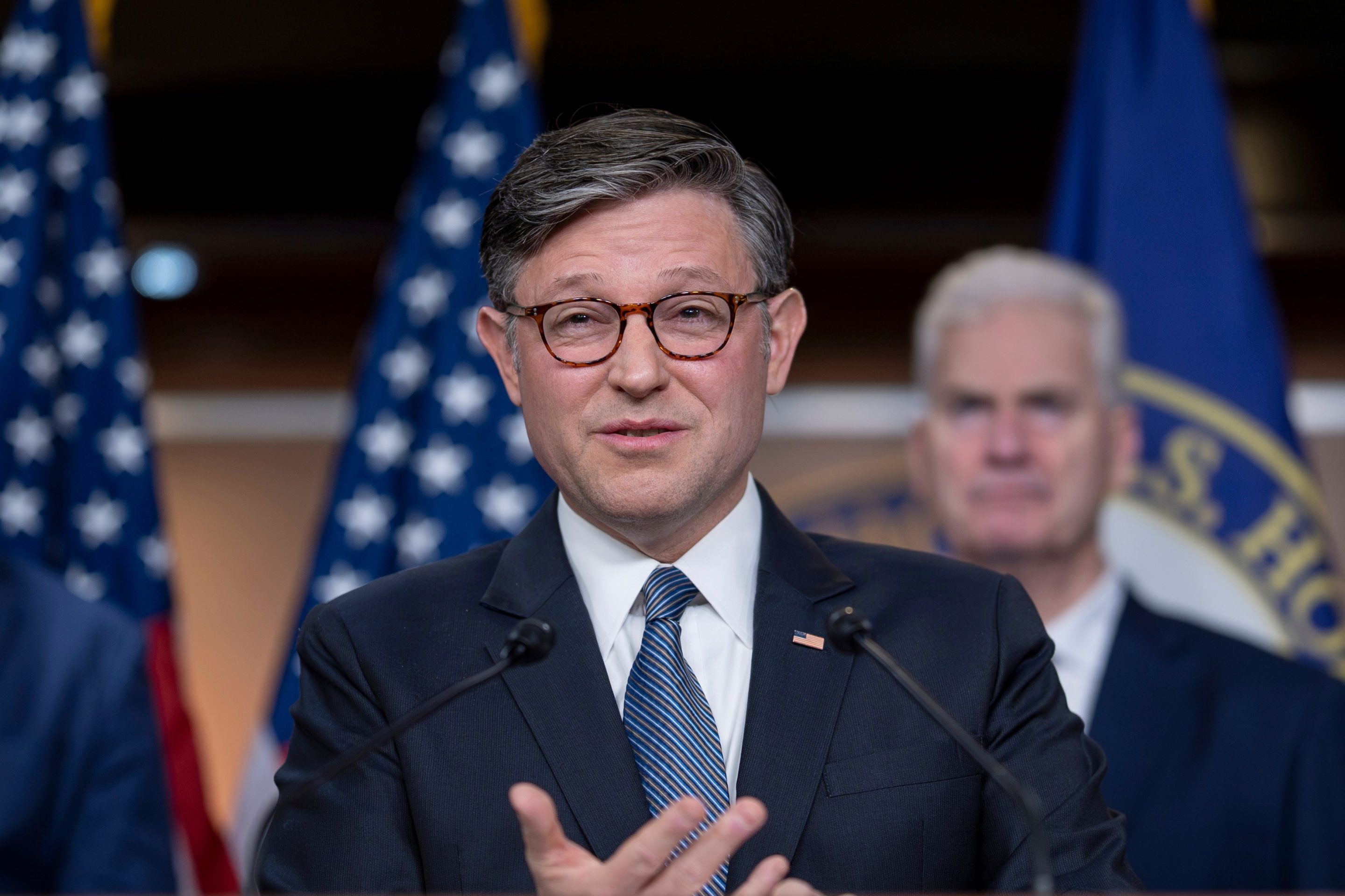 Speaker of the House Mike Johnson, R-La., and House GOP leaders hold a news conference after primary elections that affirmed President Donald Trump's dominance of the Republican Party, at the Capitol in Washington, Wednesday, May 20, 2026.