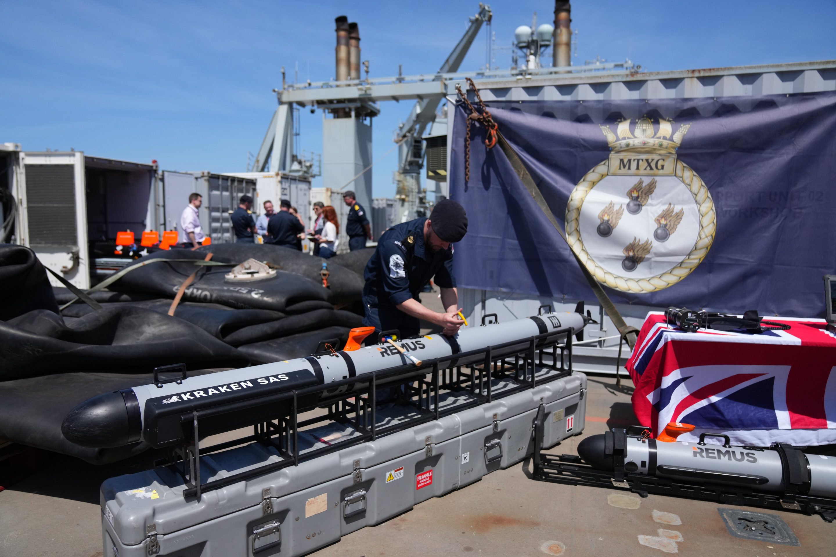 UK Royal Navy personnel inspect autonomous vehicles with sonar sensor that can detect and identify mines, on RFA Lyme Bay, in British Overseas Territory of Gibraltar, on Friday, May 22, 2026.