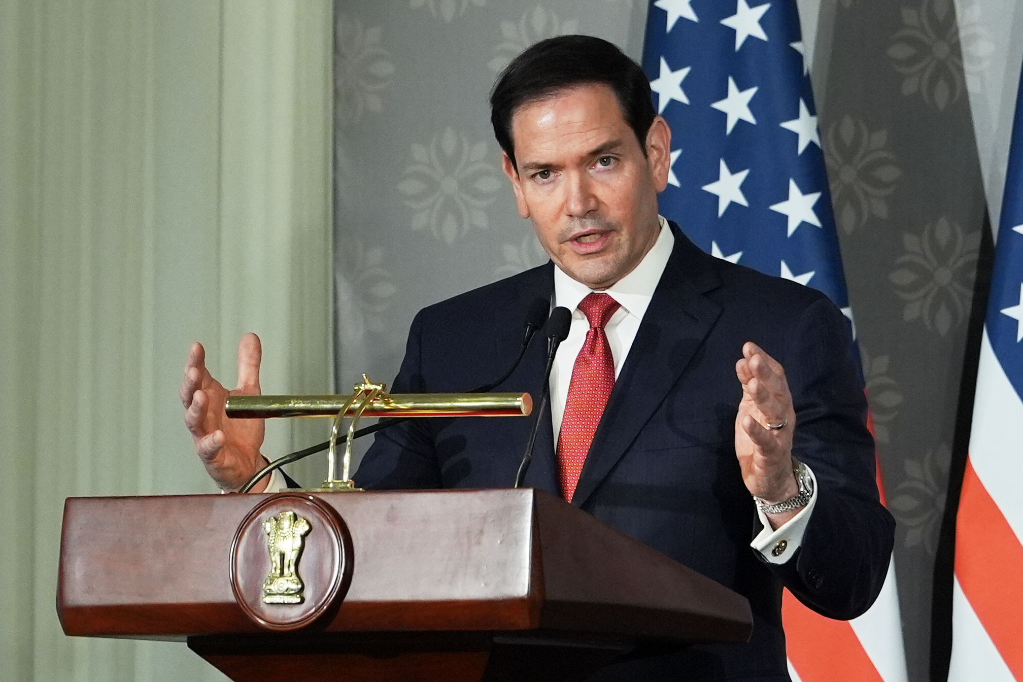 Secretary of State Marco Rubio speaks at a joint presser with India's Minister of External Affairs S. Jaishankar, unseen, following their talks in New Delhi, India, Sunday, May 24, 2026.