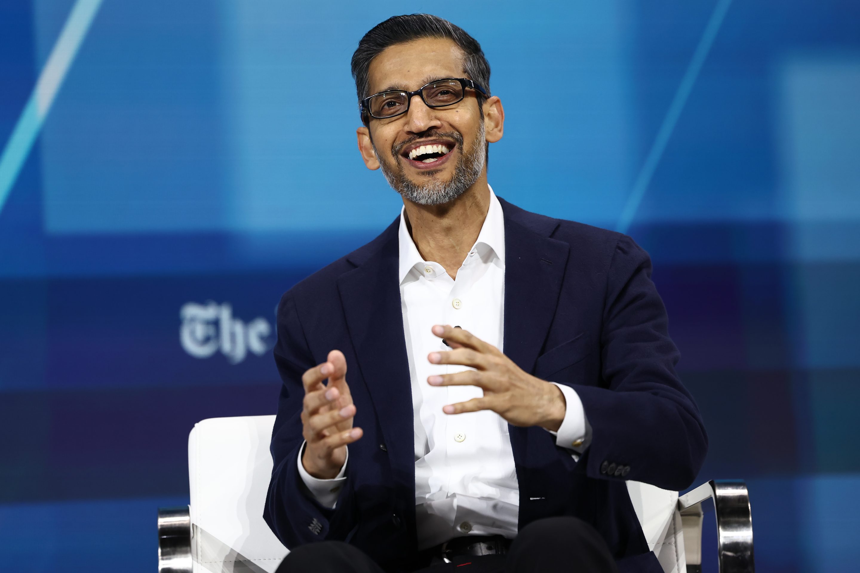 Sundar Pichai, CEO of Google and Alphabet, speaks during the New York Times annual DealBook summit at Jazz at Lincoln Center on December 4, 2024 in New York City.