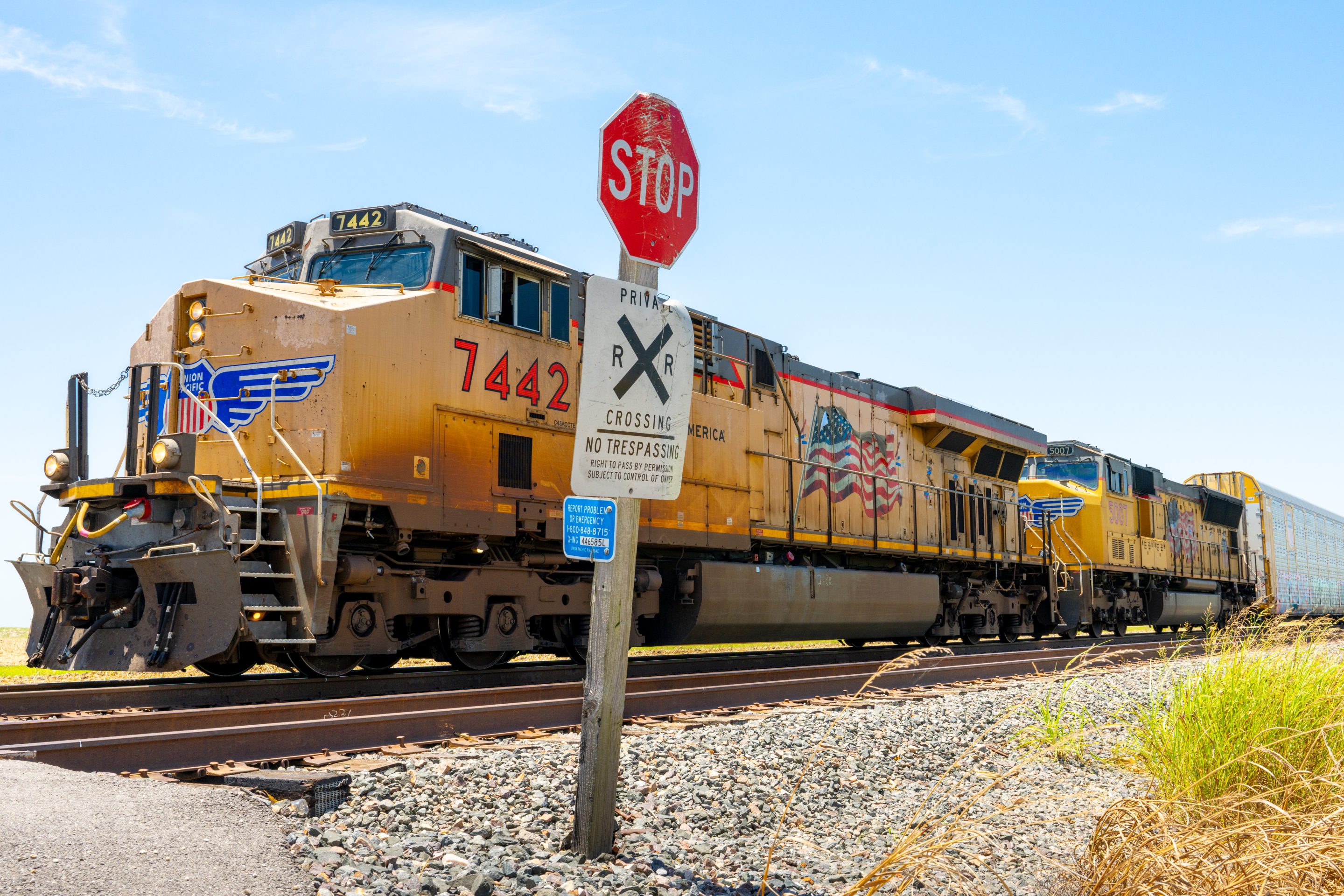 A Union Pacific freight train in Hutto, Texas.