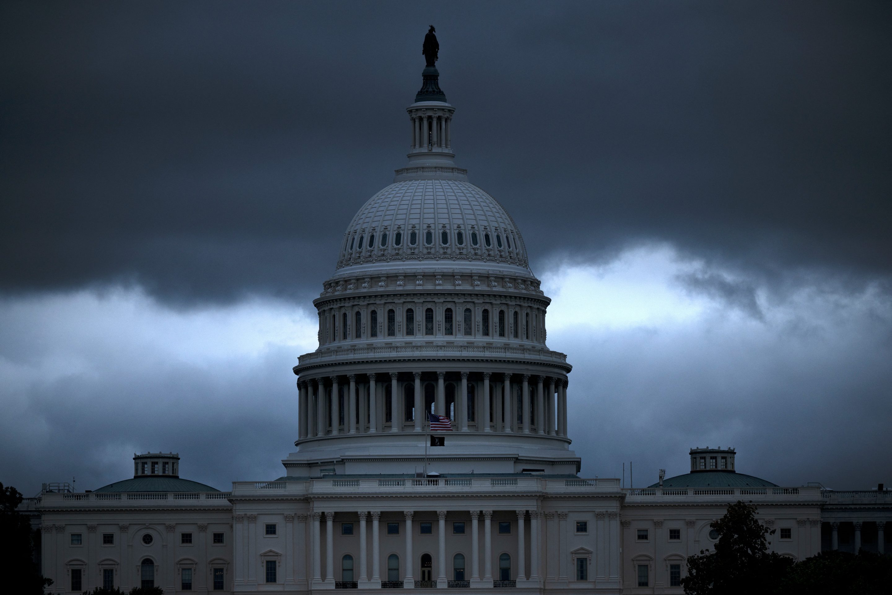 A view of the U.S. Capitol building following rain showers on the eighth day of the federal government shutdown on October 8, 2025.