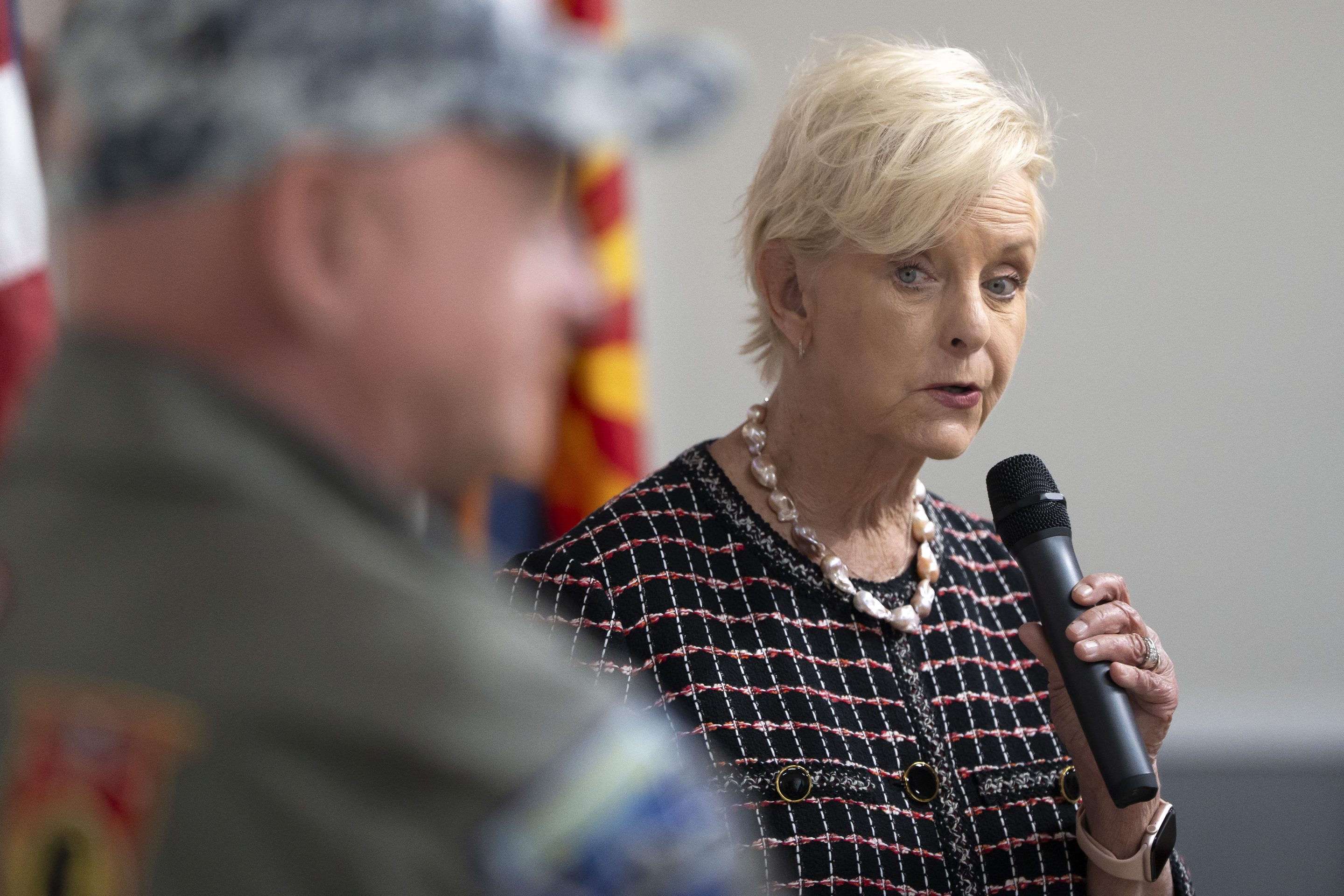 Cindy McCain, wife of late U.S. Sen. John McCain (R-AZ), introduces U.S. Sen. Mark Kelly (D-AZ) during a veterans town hall at John S. McCain VFW Post 7401 on May 8, 2026 in Chandler, Ariz.