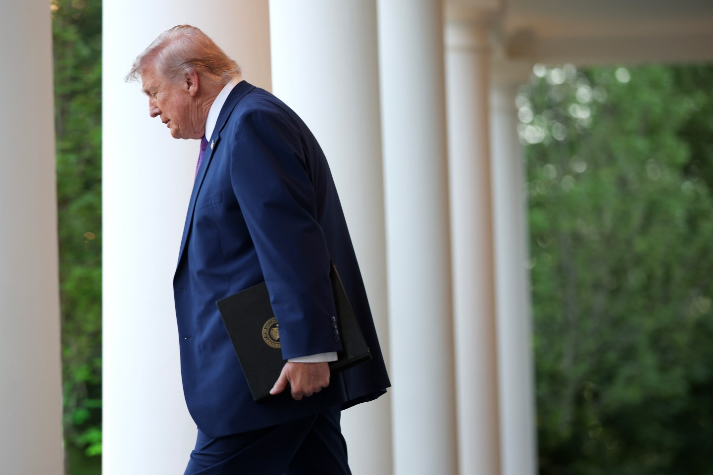U.S. President Donald Trump arrives for a 'Rose Garden Club' dinner for National Police Week in the Rose Garden at the White House on May 11, 2026 in Washington, DC.