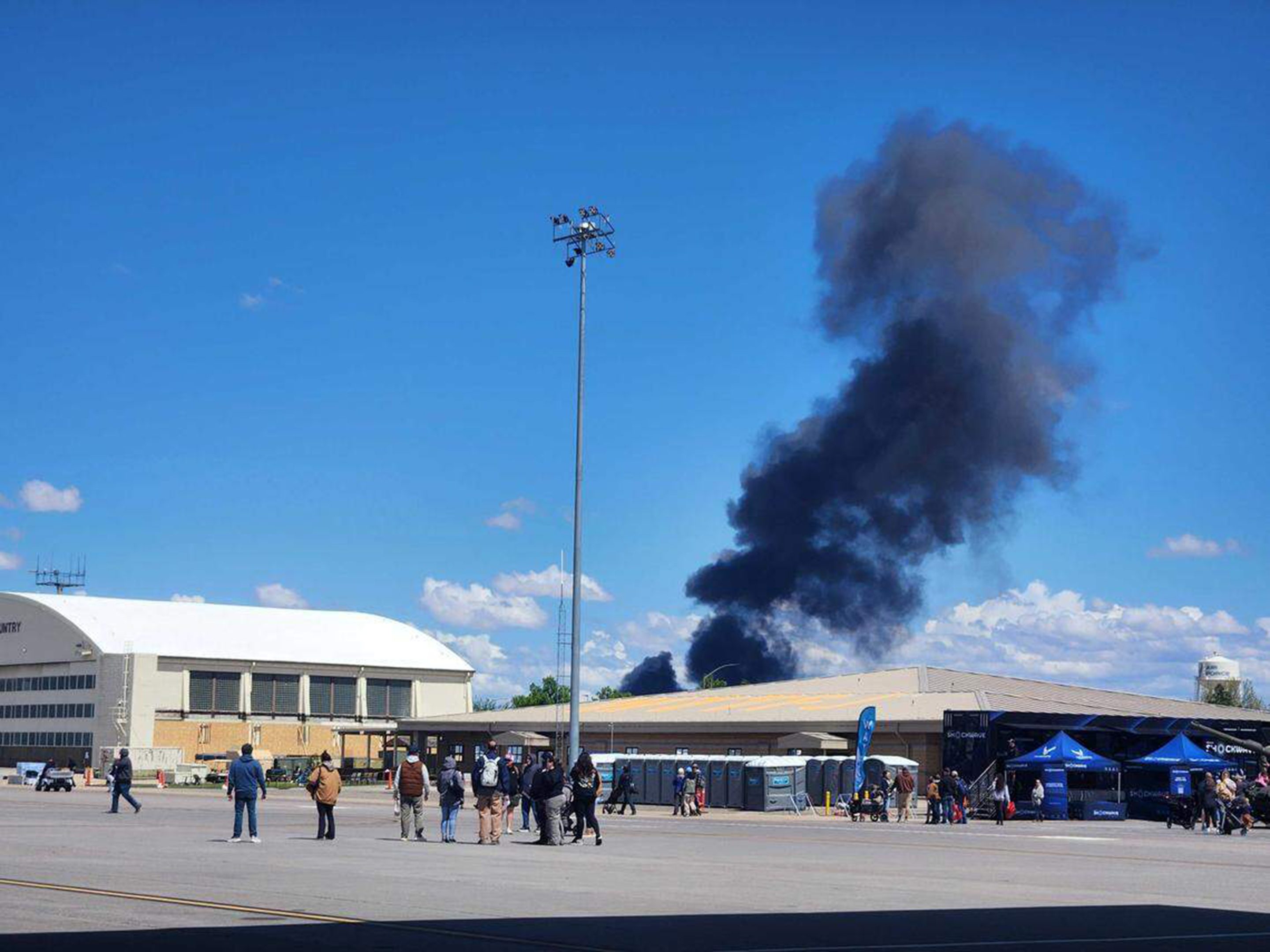 Rescue crews responded to a crash during the Gunfighter Skies air show at Idaho's Mountain Home Air Force Base on Sunday, May 17, 2026. An announcer told the crowd shortly after 1 p.m. that all four Navy pilots were âfound safe.
