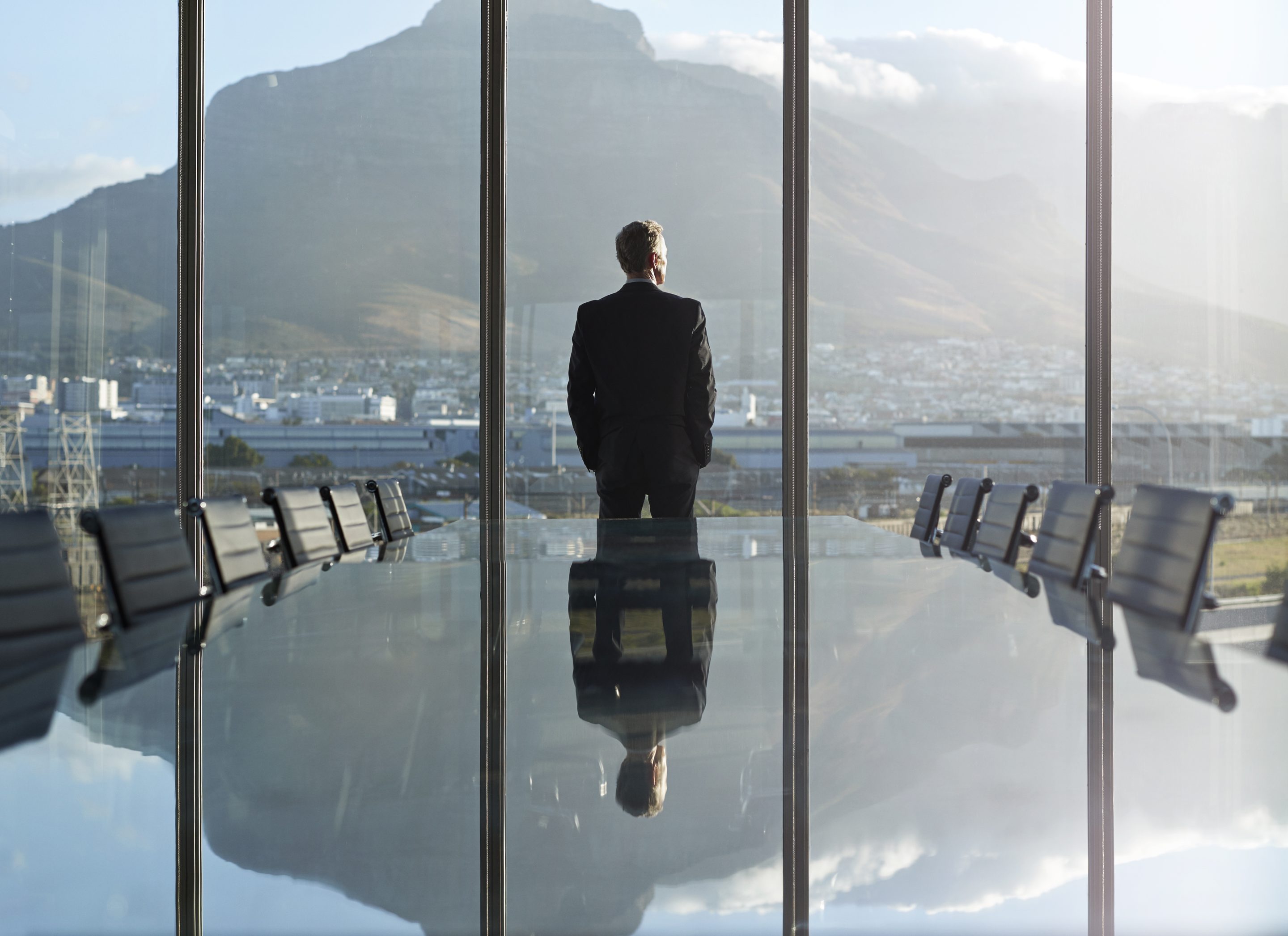 Male CEO looking out a window in a large office.