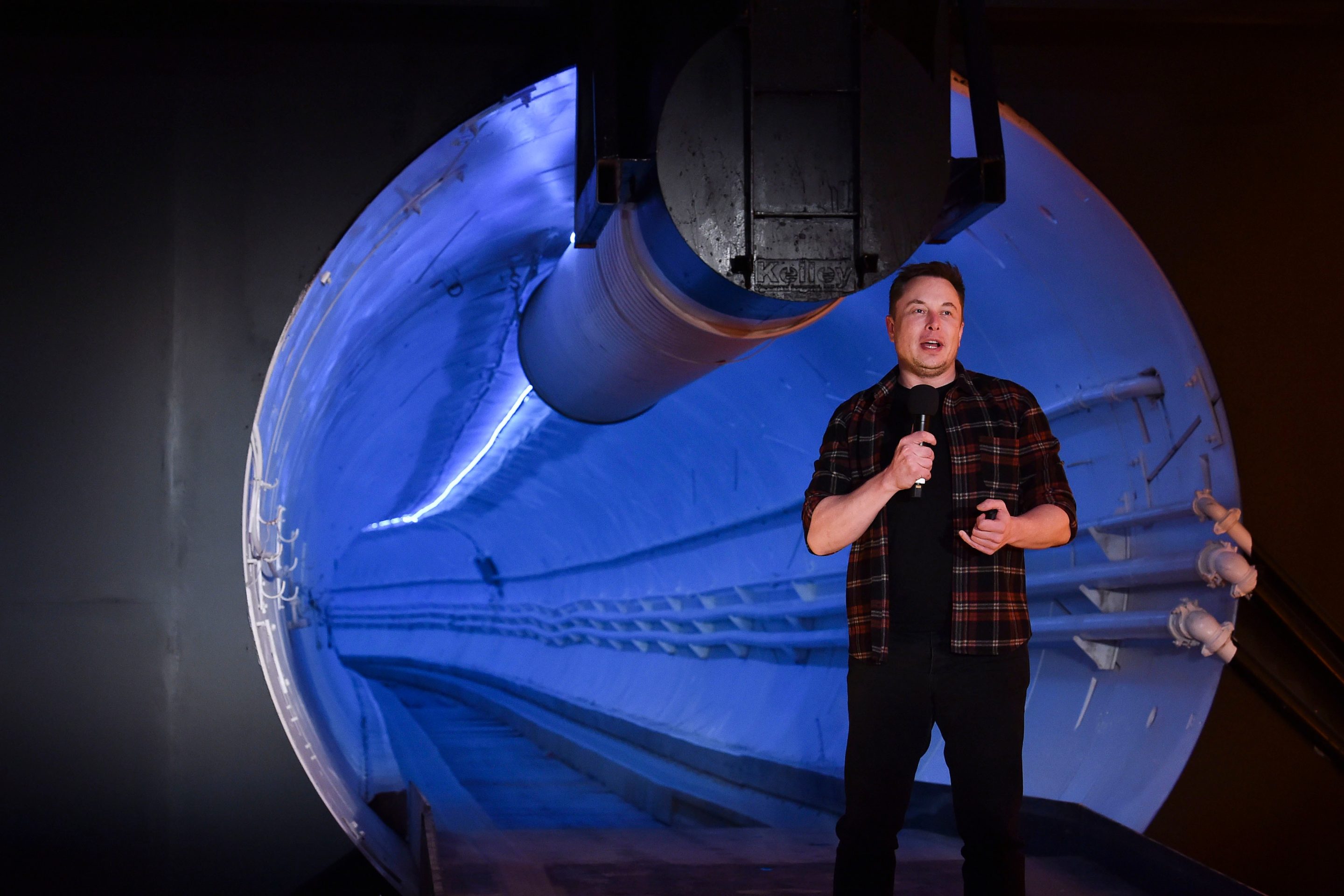 Elon Musk during an unveiling event for the Boring Co. Hawthorne test tunnel in Hawthorne, Calif., on Tuesday, Dec. 18, 2018.
