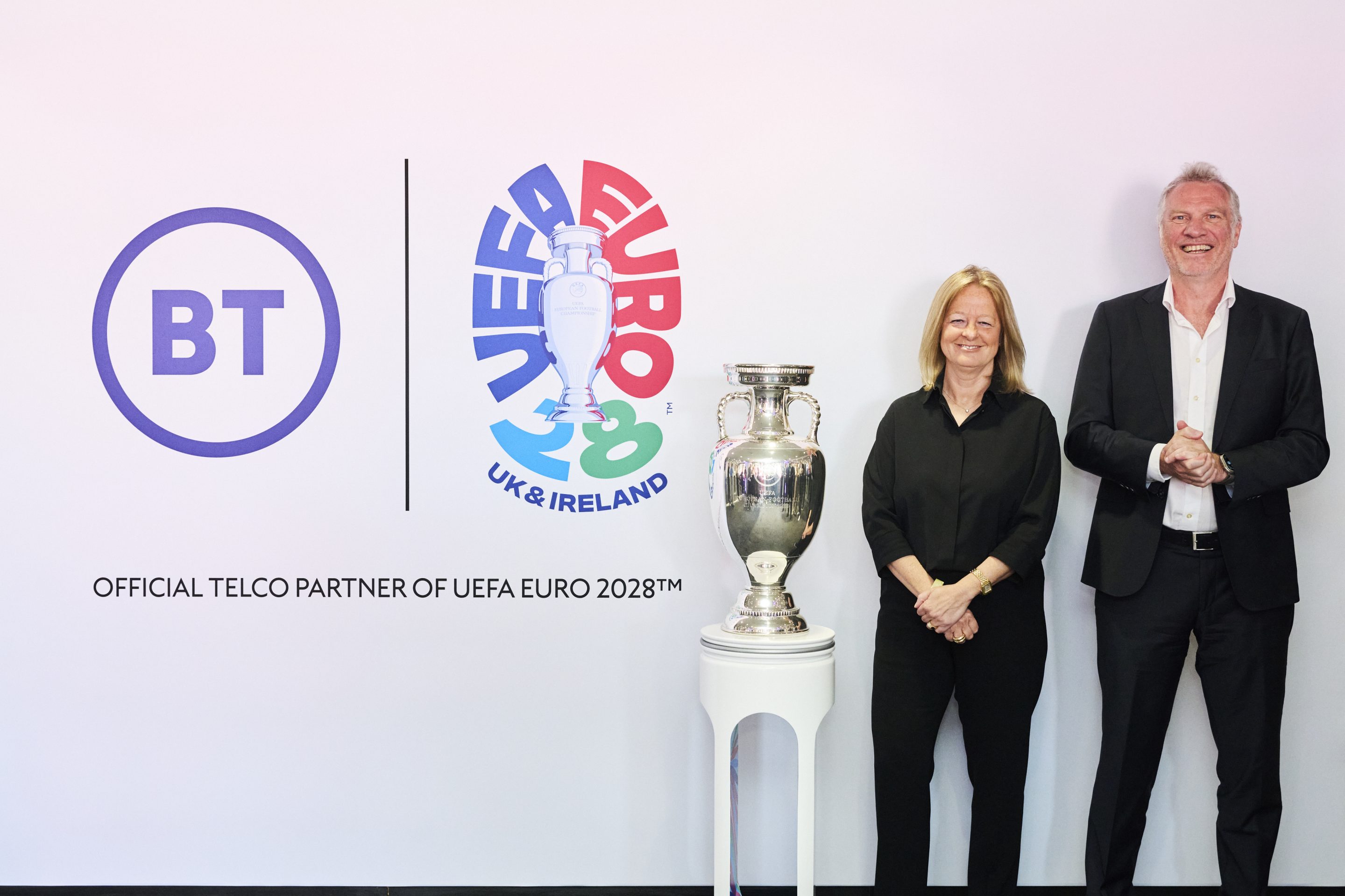 (L-R) Allison Kirkby (CEO, BT Group) and Guy-Laurent Epstein (Executive Director of Marketing, UEFA)