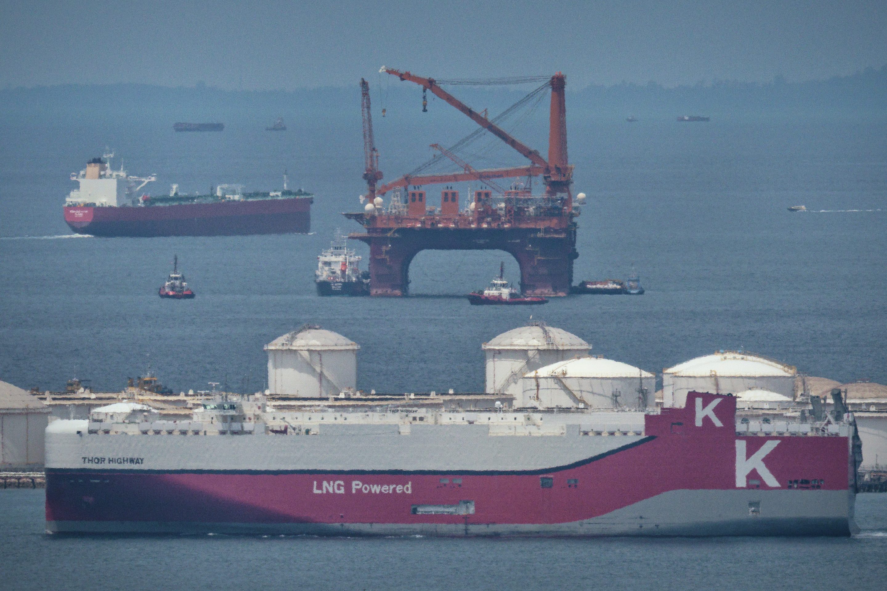 SINGAPORE: A liquefied natural gas (LNG) tanker sails near the Sebarok Island oil storage terminal along the Singapore Strait on April 6, 2026.