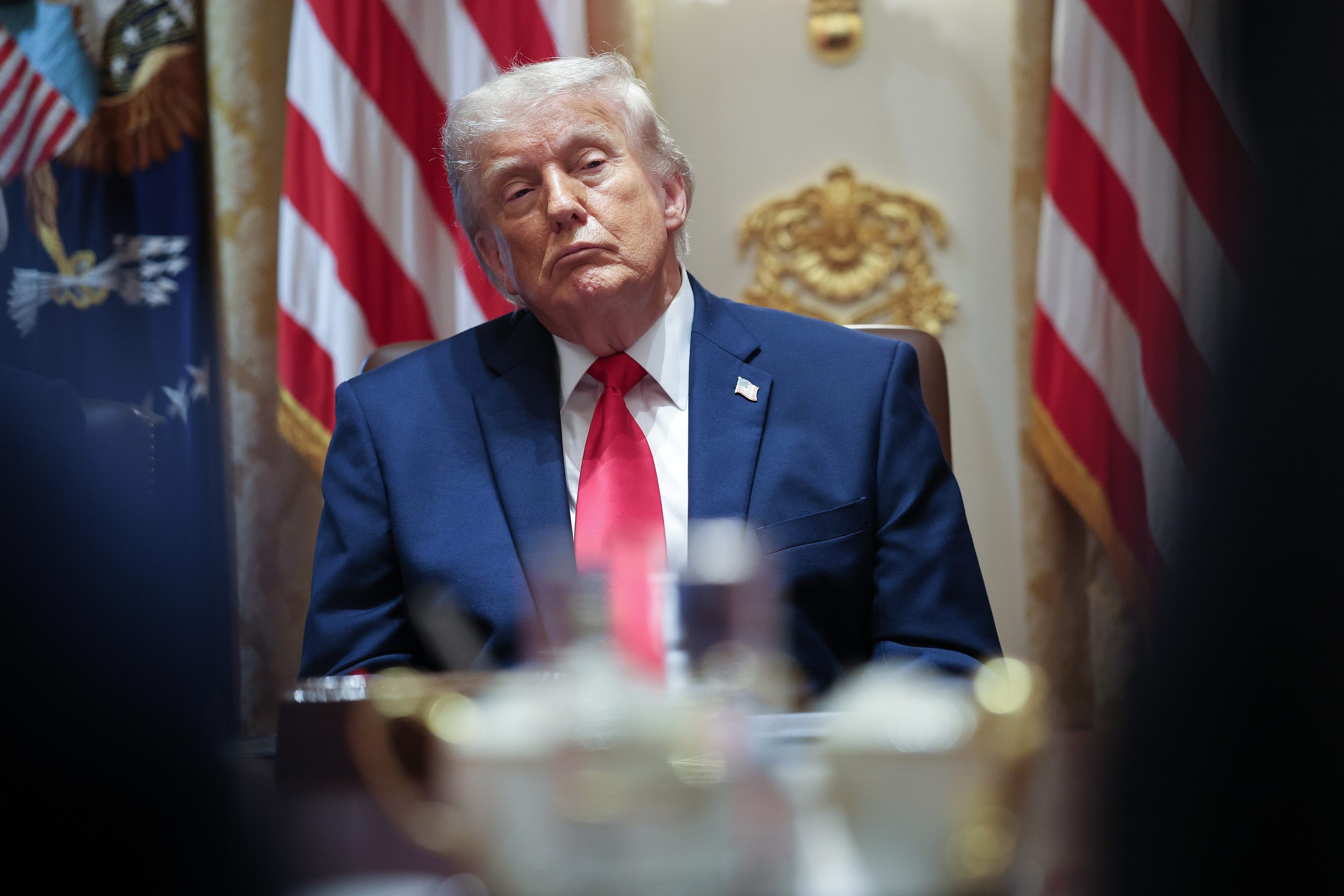 U.S. President Donald Trump listens to members of his Cabinet speak during a meeting in the Cabinet Room of the White House on May 27, 2026 in Washington, DC.