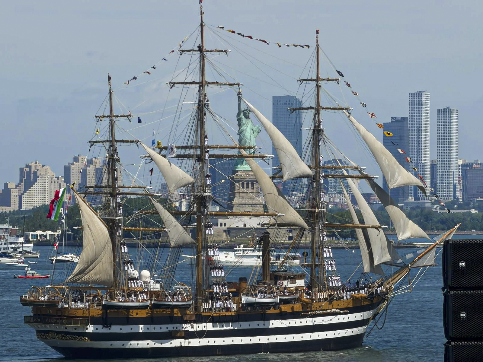 The Italian Navy's training ship Amerigo Vespucci, widely dubbed "the most beautiful ship in the world," in New York's harbor.