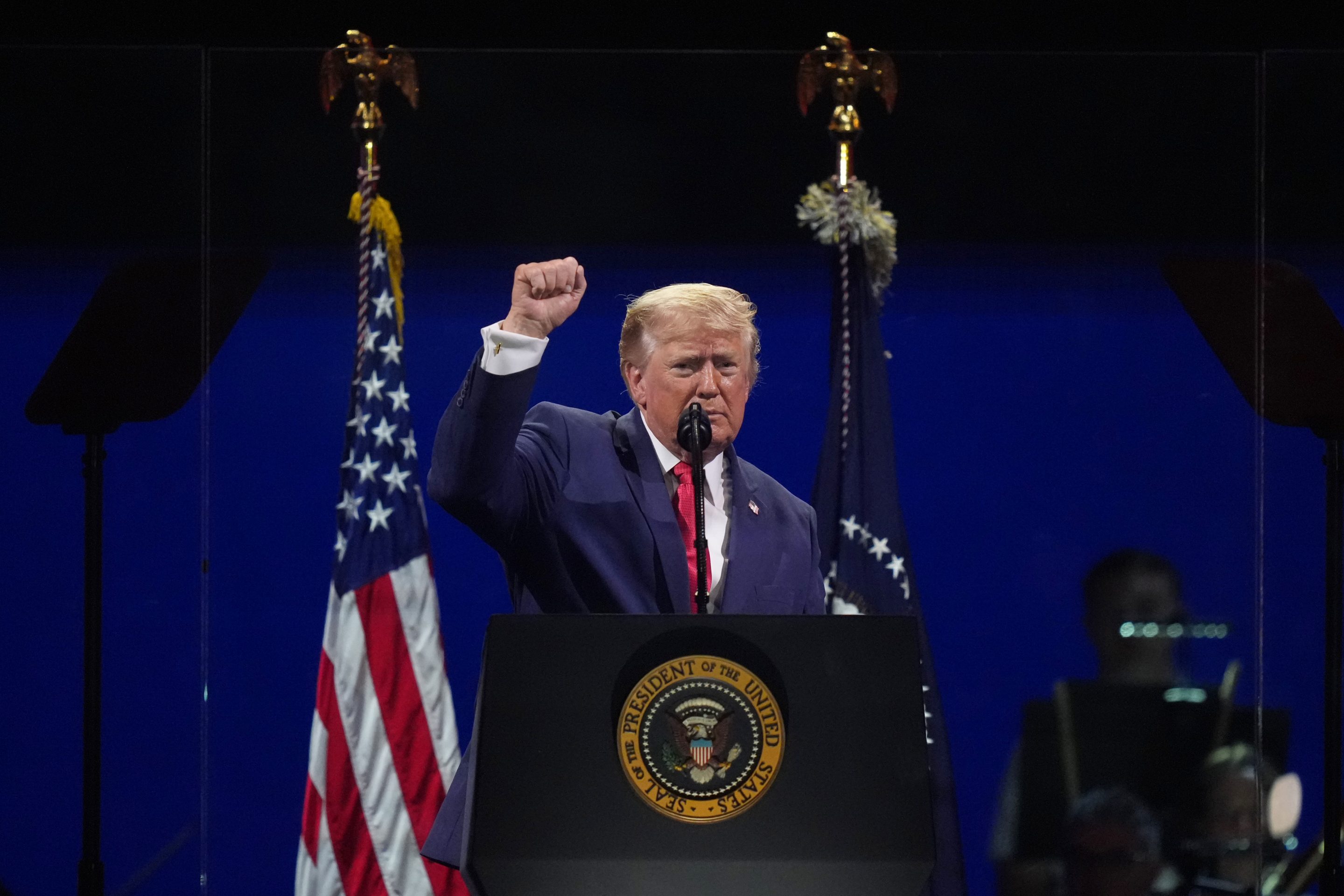 President Donald Trump speaks at Salute to America, an Independence Day event honoring the nation's 250th anniversary, Saturday, July 4, 2026, on the National Mall in Washington. 