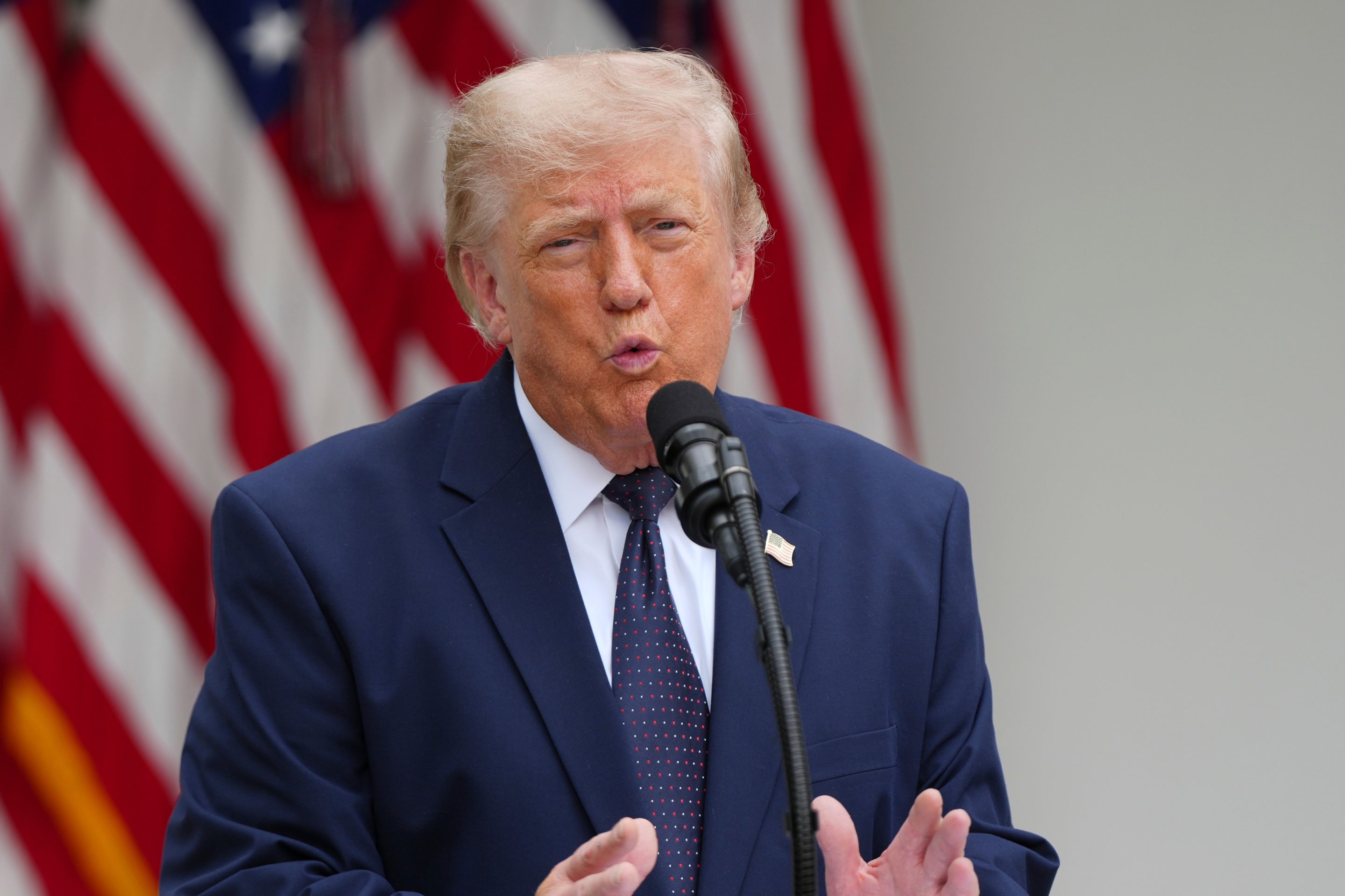 President Donald Trump speaks at a lunch in the White House Rose Garden, Monday, July 6, 2026, in Washington.