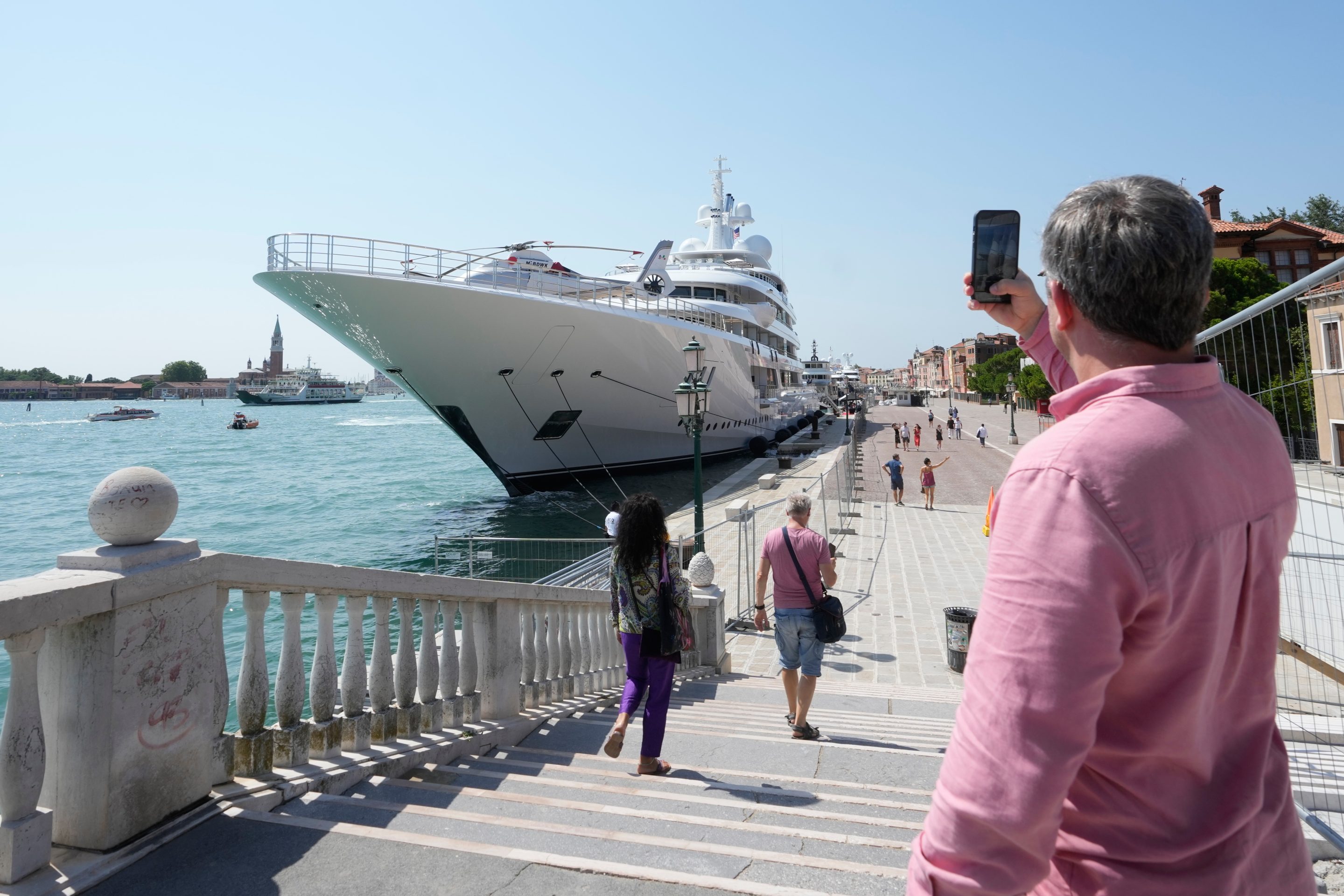 U.S. Ambassador Tilman Fertitta's super yacht is docked as part of "Freedom 250 Coastal Diplomacy" tour, as protest by activists is expected this afternoon, in Venice, Friday, July 17, 2026.