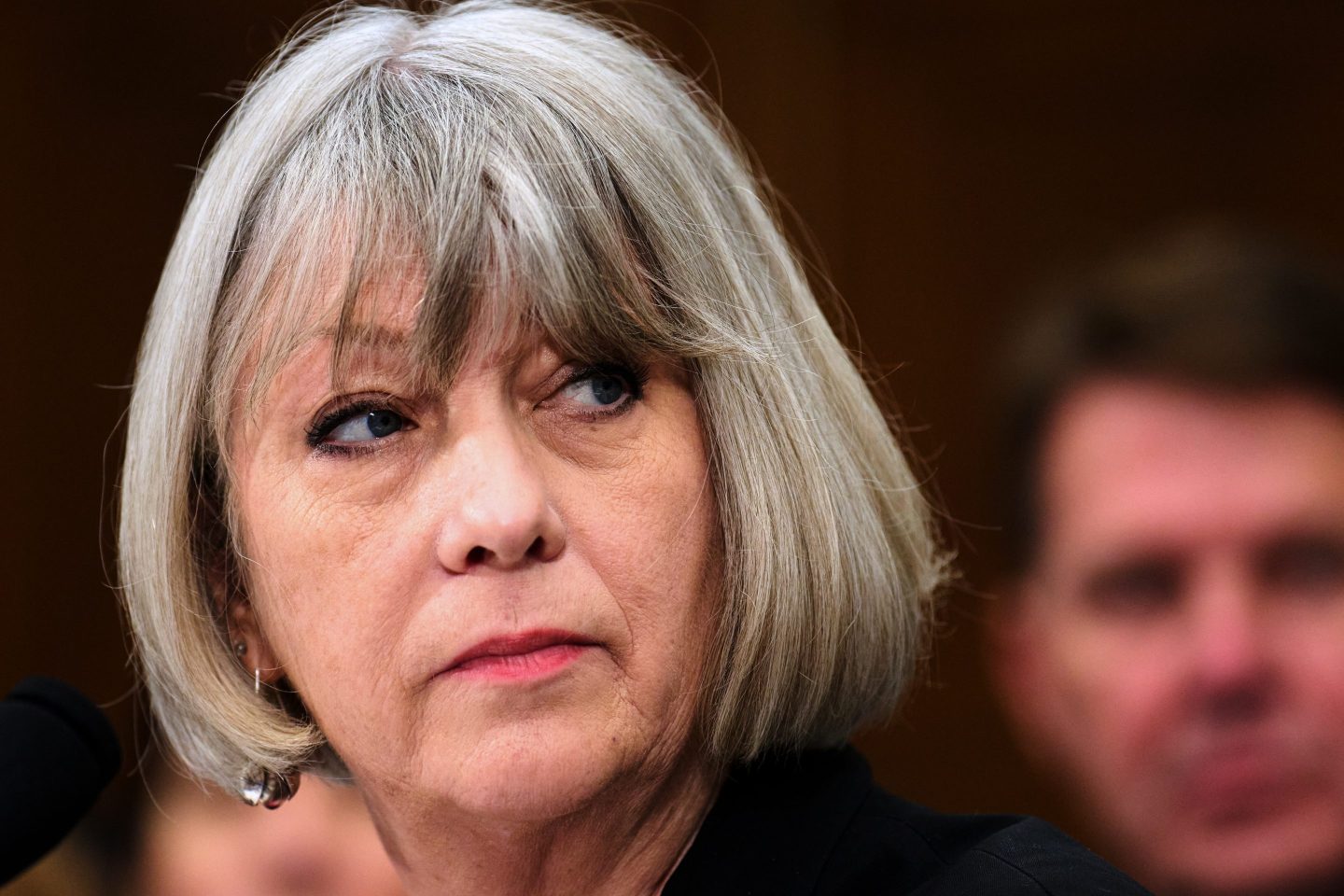 Anthea Hartig, Director of the National Museum of American History, looks to her left at a House Committee.