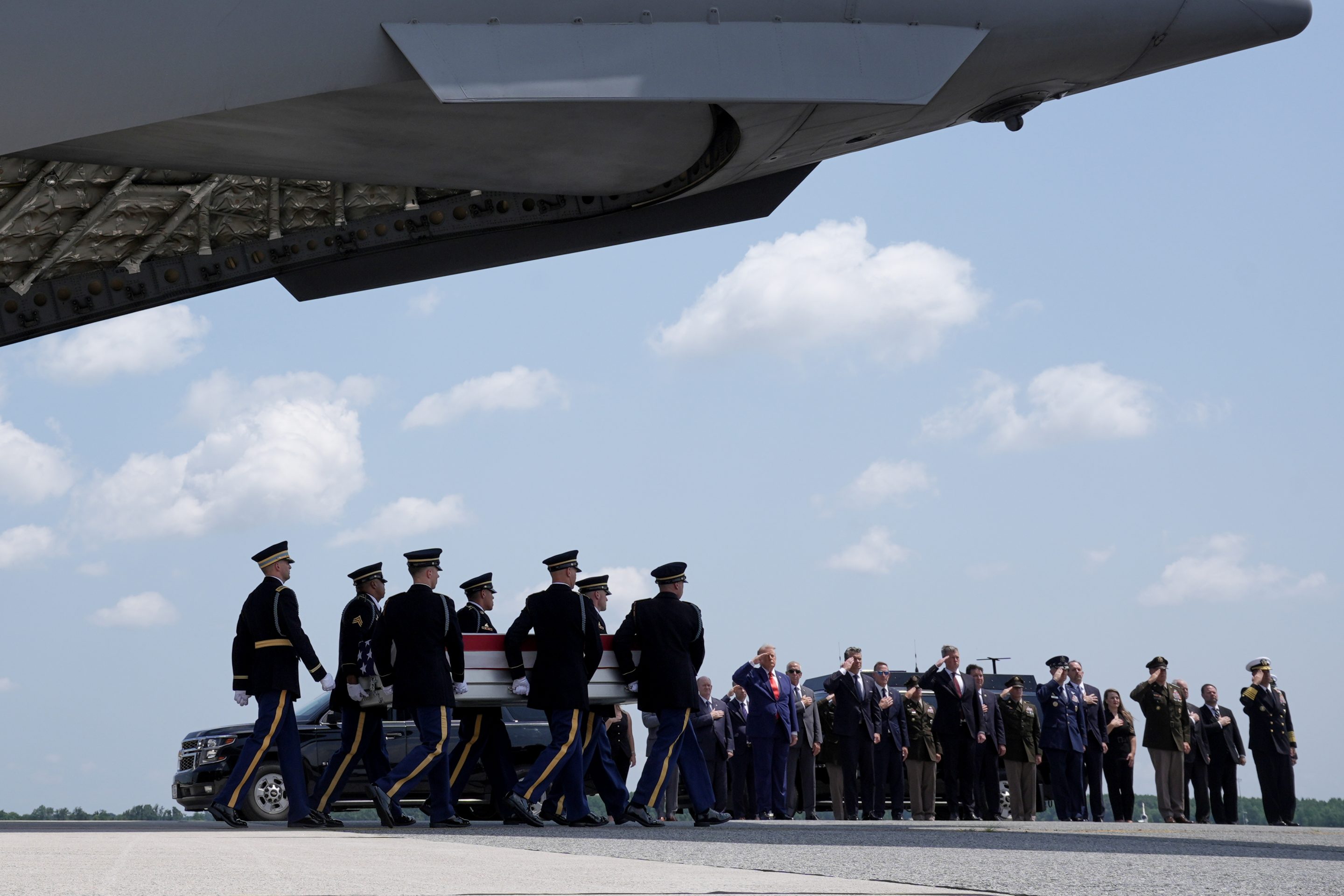 A U.S. Army carry team moves a transfer case containing the remains of Sgt. Angel S. Rampersad, of Ozone Park, N.Y. Wednesday, July 22, 2026, at Dover Air Force Base, Del.