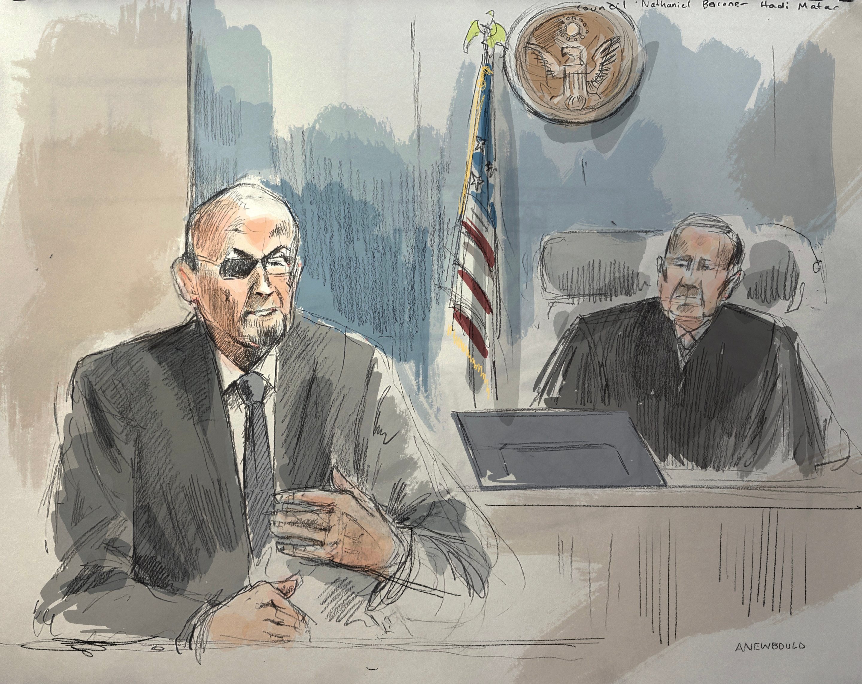 Court illustration of the author testifying