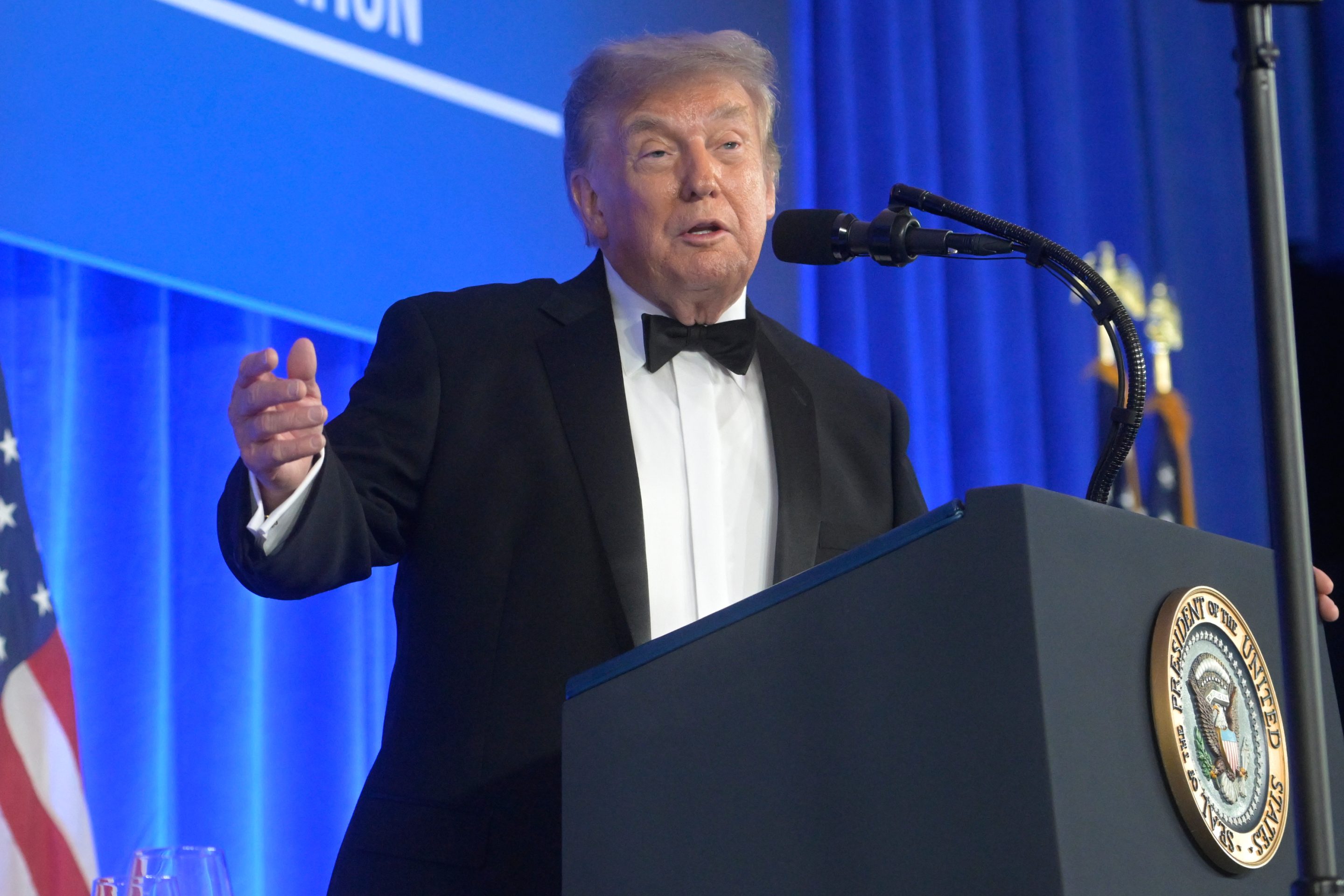 President Donald Trump speaks at the White House Correspondents' Association dinner at the Waldorf Astoria Washington DC, on Friday, July 24, 2026.
