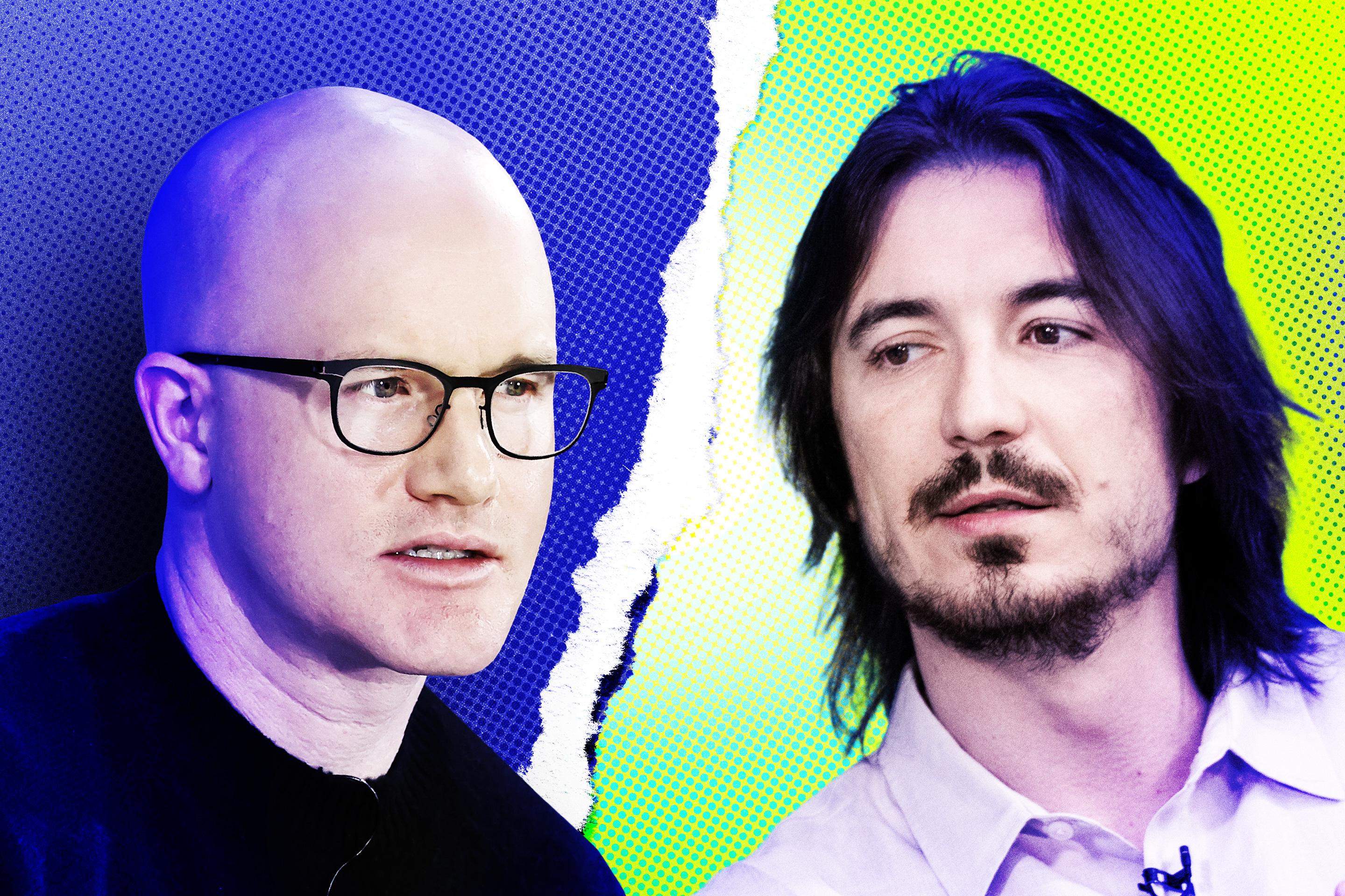 From left: Coinbase CEO Brian Armstrong; Robinhood CEO Vlad Tenev