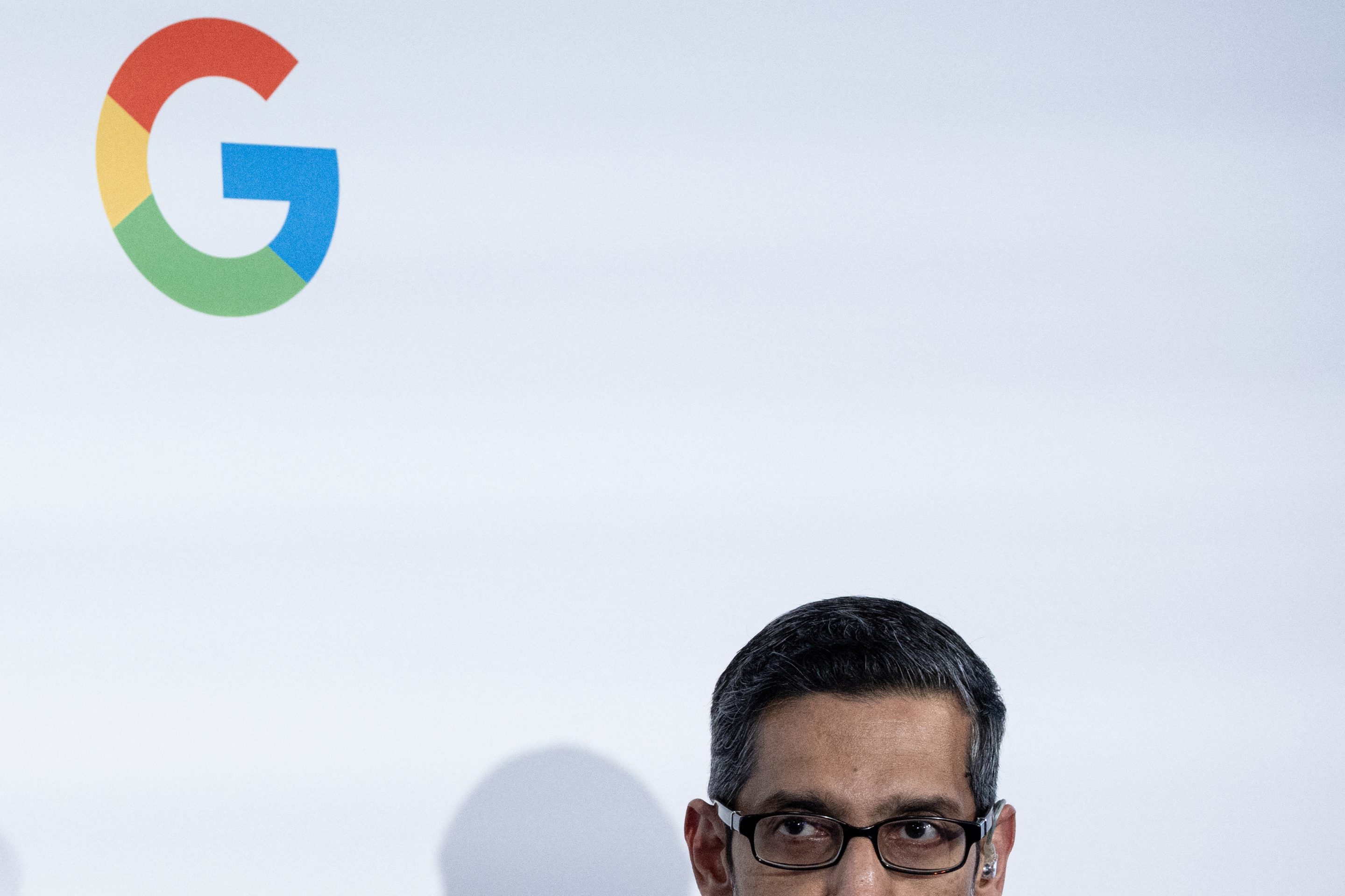 Alphabet Inc. and Google CEO Sundar Pichai speaks during the inauguration of a Google Artificial Intelligence (AI) hub in Paris on February 15, 2024. (