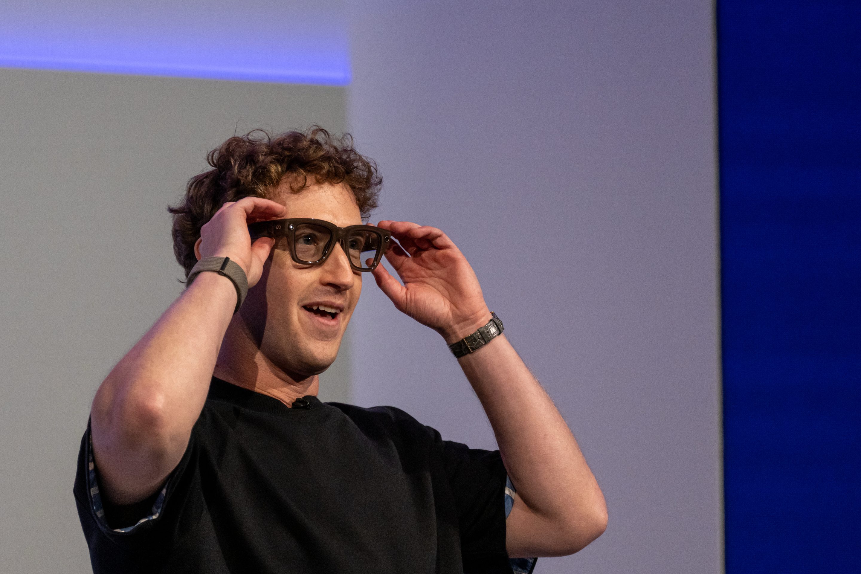 Mark Zuckerberg wears Meta Ray-Ban Display AI glasses.