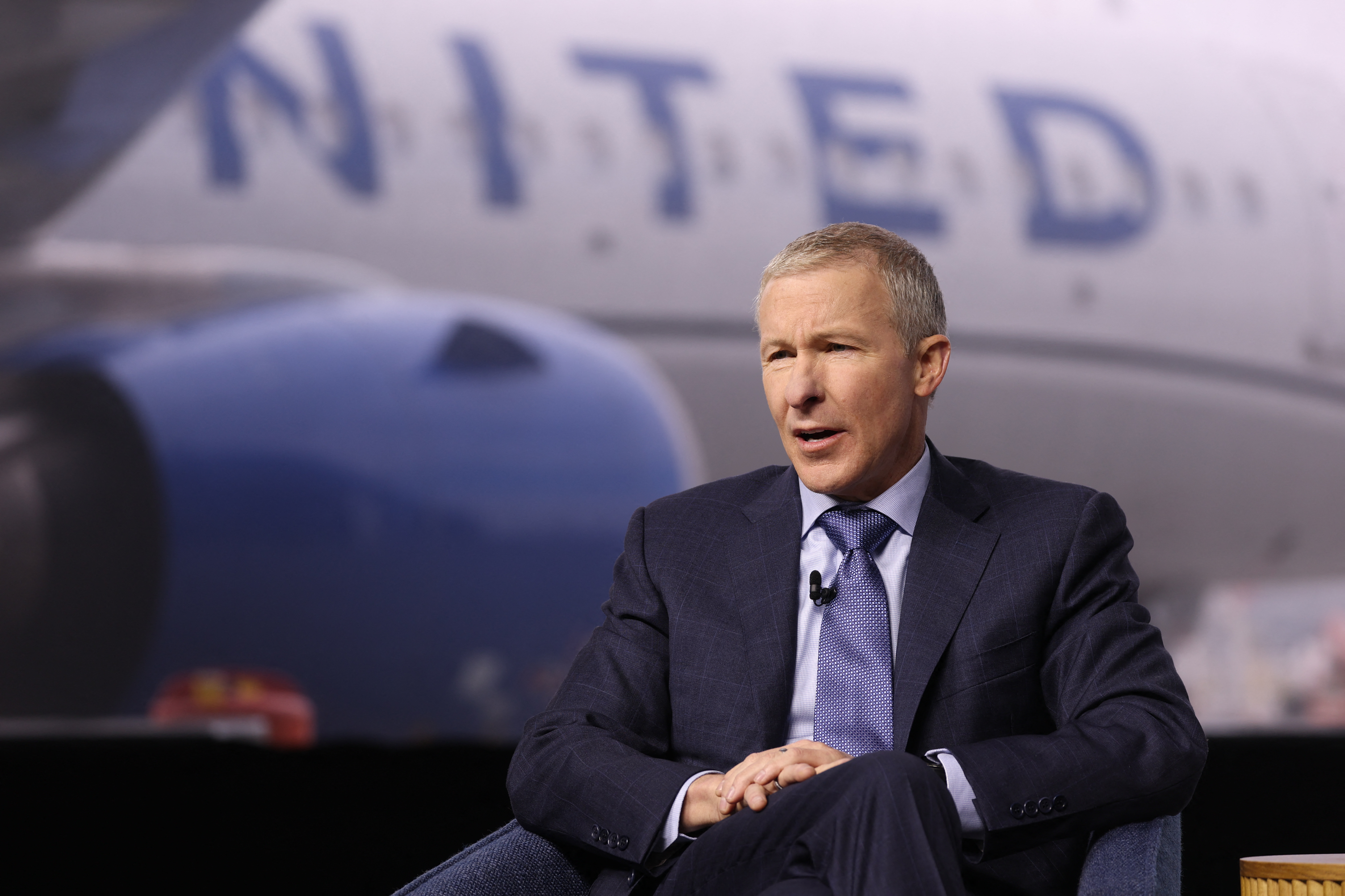 United Airlines CEO Scott Kirby speaks during a media event showcasing the airline's new premium "Elevated" aircraft interior at Los Angeles International Airport (LAX) in Los Angeles, California, on March 24, 2026. (Photo by Patrick T. Fallon / AFP via Getty Images)